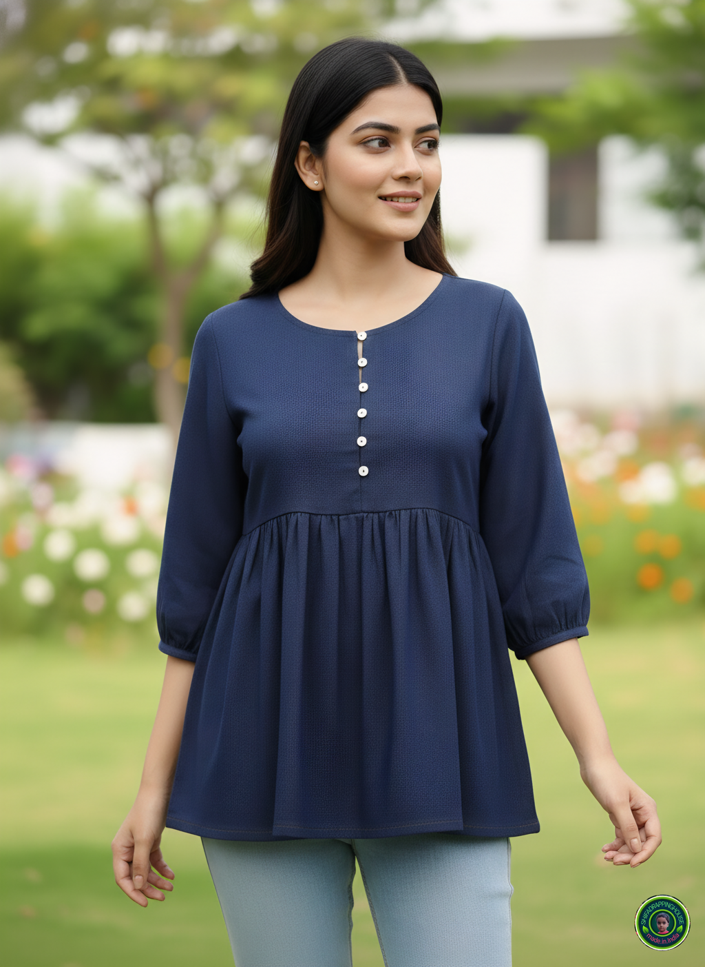 Midnight Navy Soft-Denim Empire Waist Top | Square Neck Gathered Tunic
