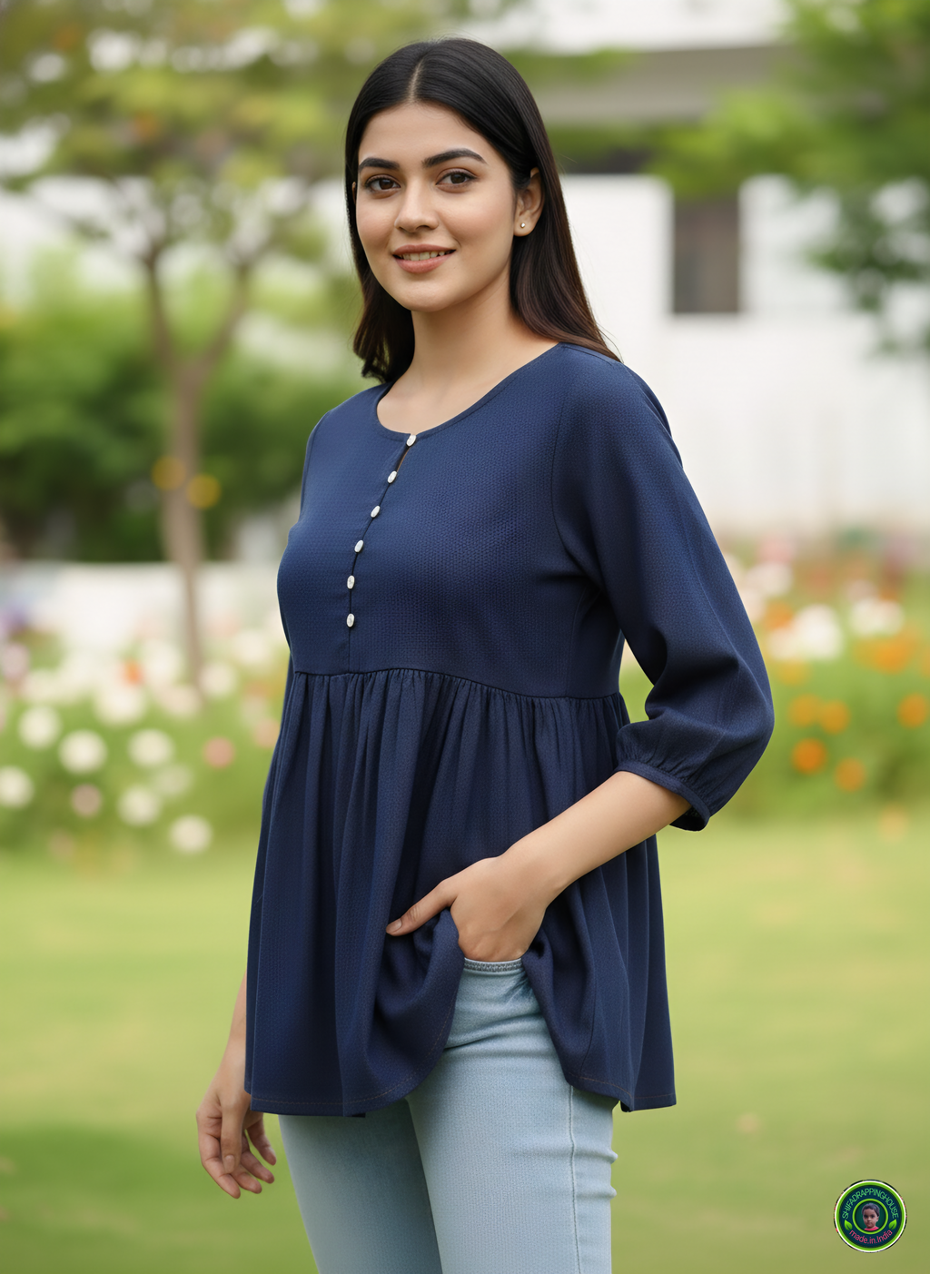 Midnight Navy Soft-Denim Empire Waist Top | Square Neck Gathered Tunic