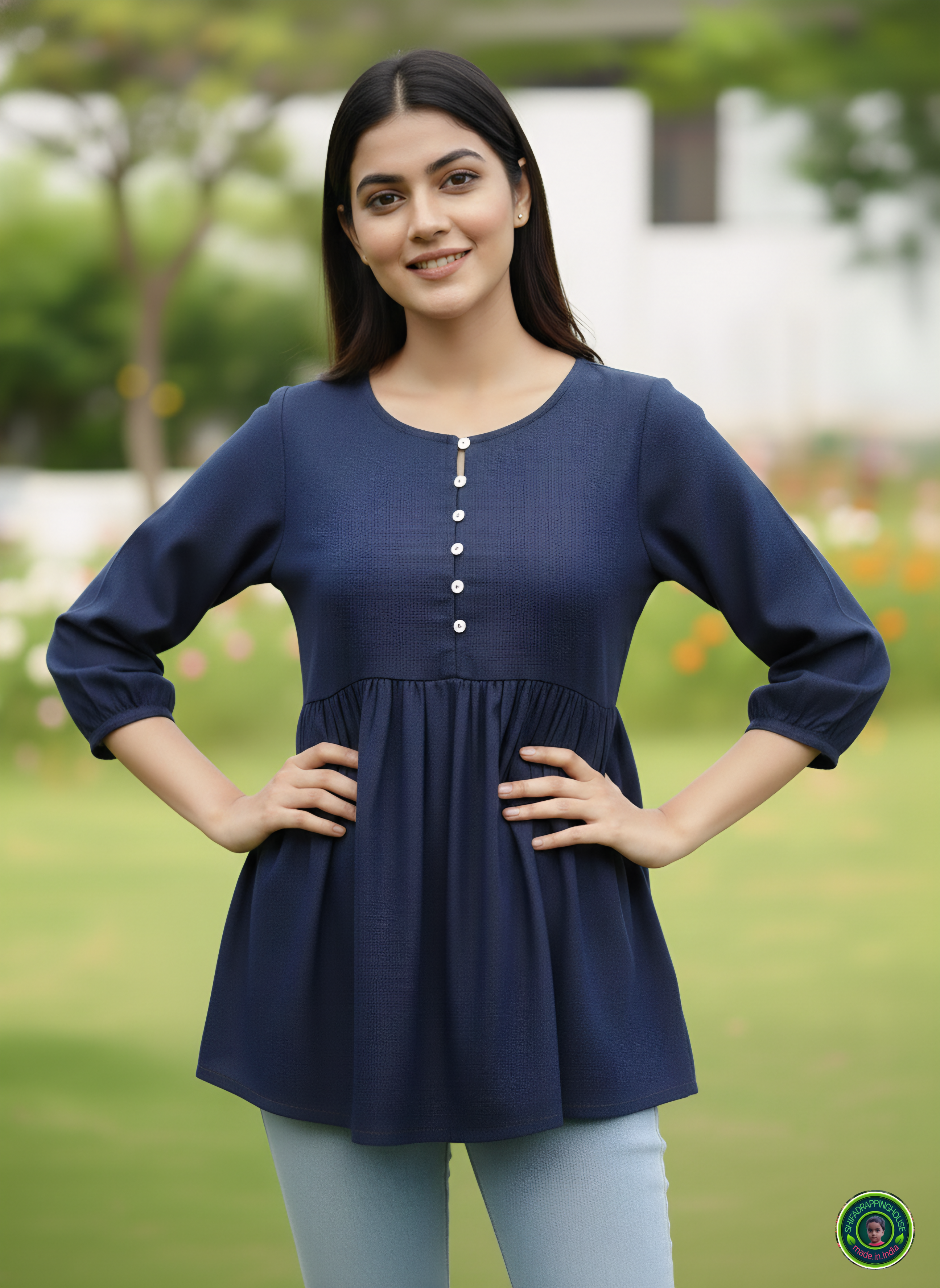 Midnight Navy Soft-Denim Empire Waist Top | Square Neck Gathered Tunic