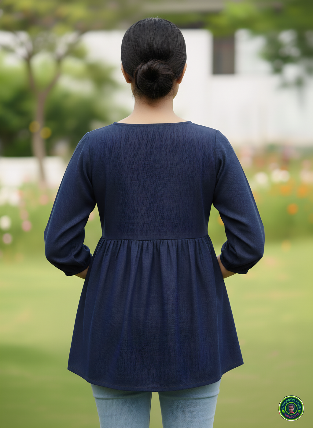 Midnight Navy Soft-Denim Empire Waist Top | Square Neck Gathered Tunic