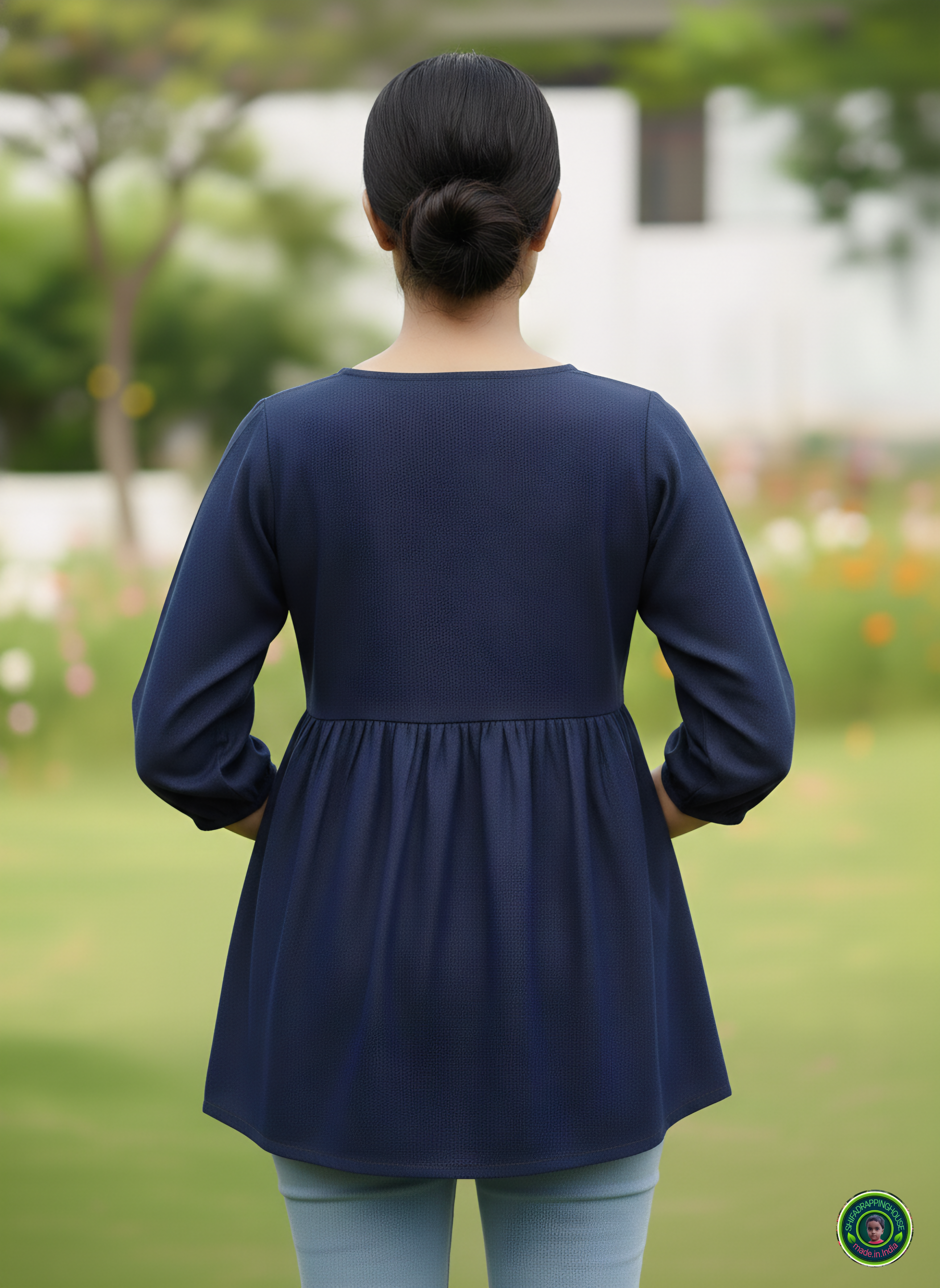 Midnight Navy Soft-Denim Empire Waist Top | Square Neck Gathered Tunic