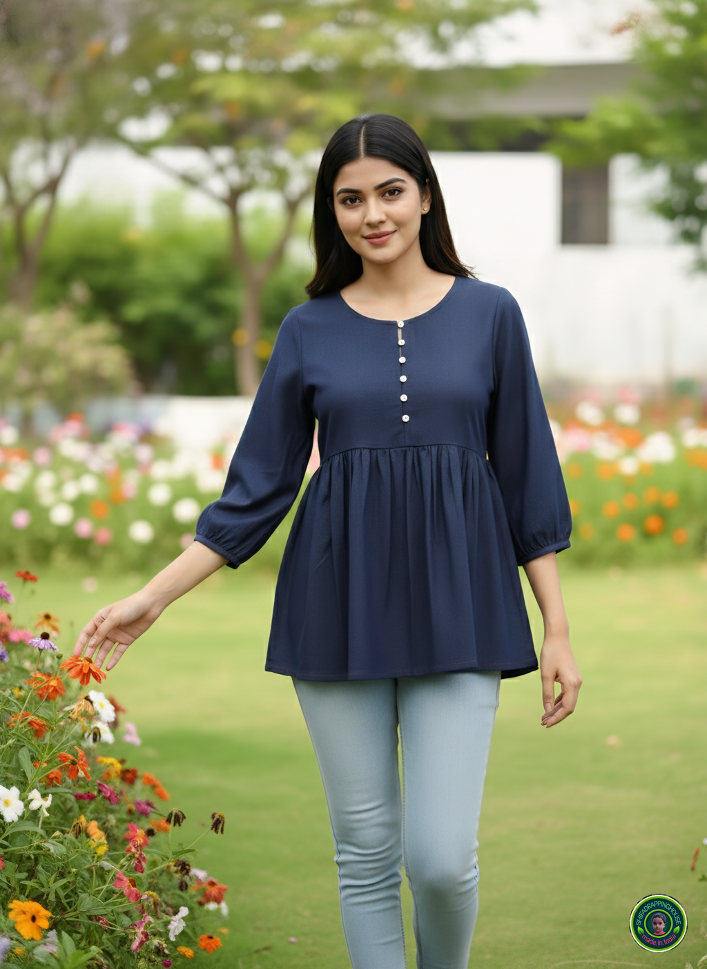 Midnight Navy Soft-Denim Empire Waist Top | Square Neck Gathered Tunic