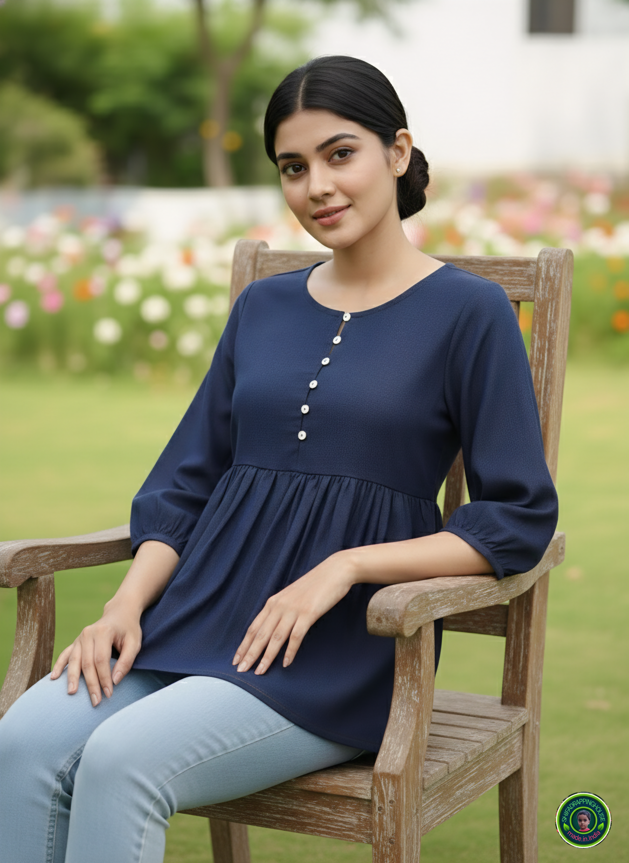 Midnight Navy Soft-Denim Empire Waist Top | Square Neck Gathered Tunic