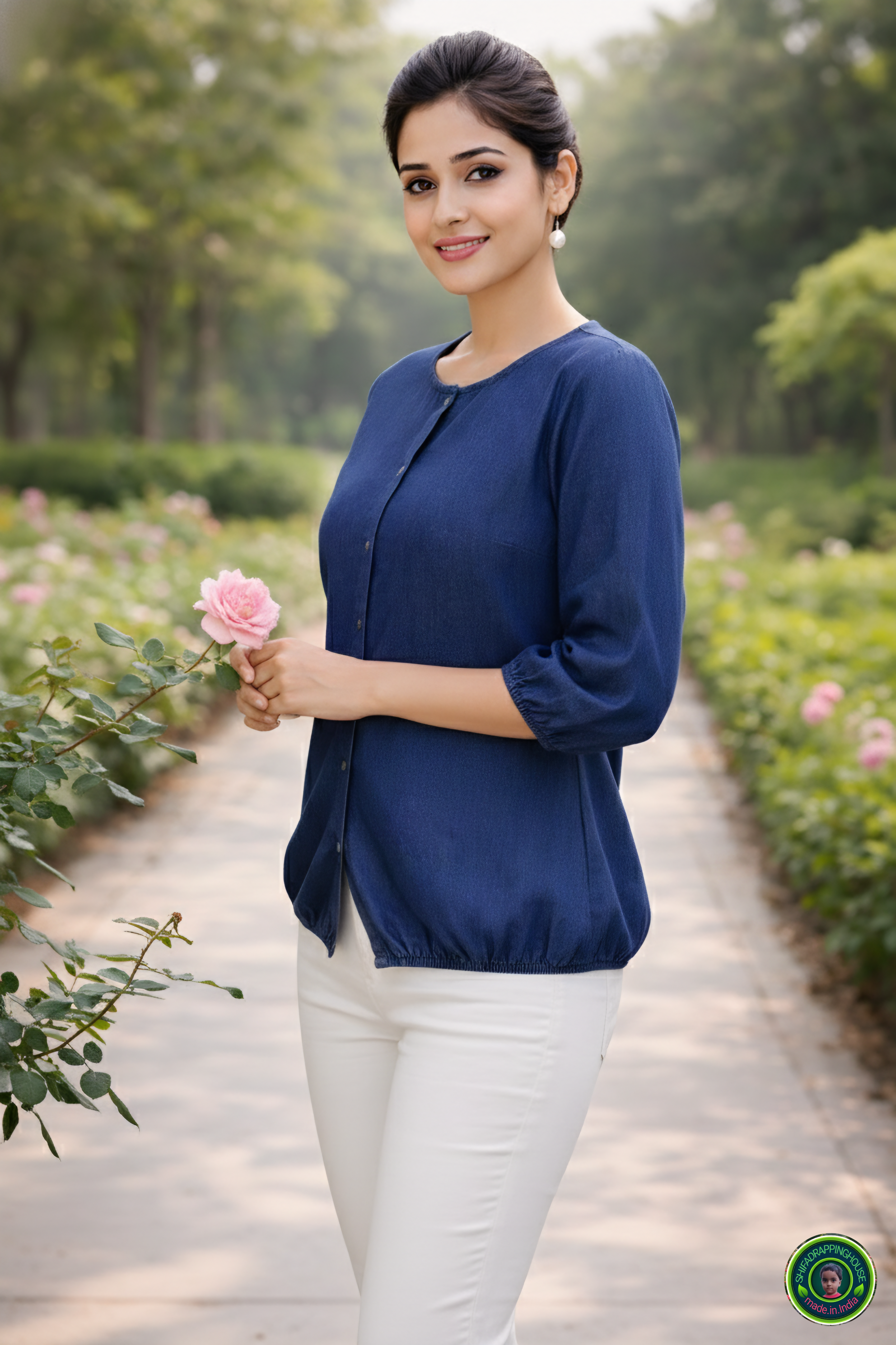 Exclusive Navy Blue Soft Denim Indo-Western Top – Elasticated Hem & 3/4 Sleeves with Round Neck