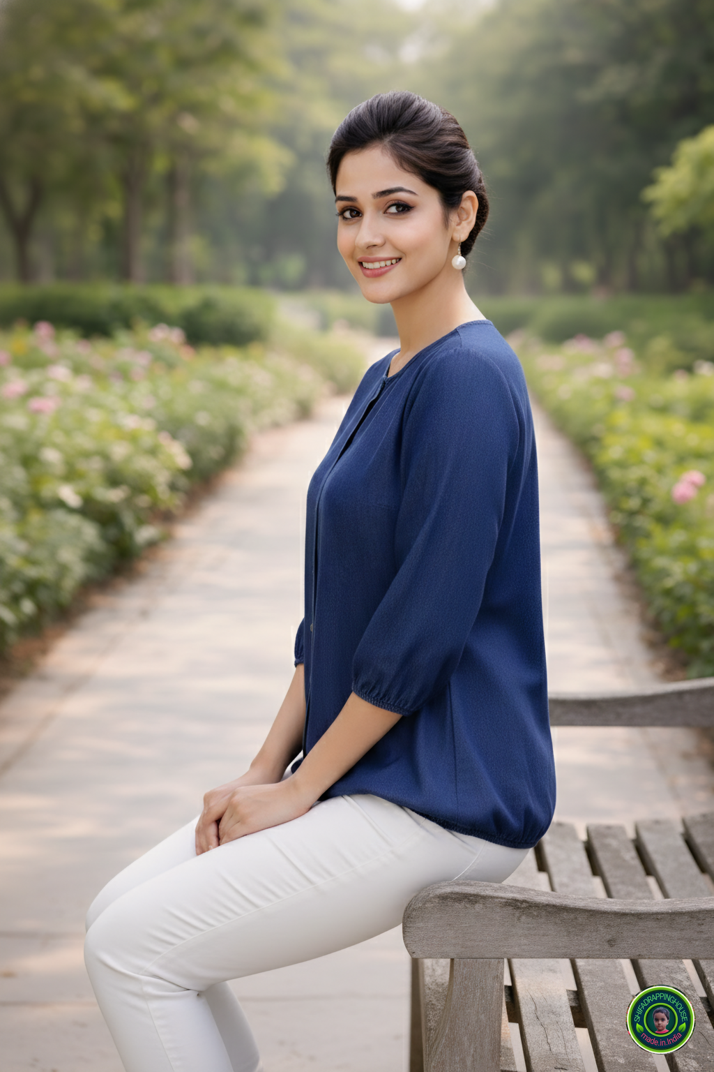 Exclusive Navy Blue Soft Denim Indo-Western Top – Elasticated Hem & 3/4 Sleeves with Round Neck