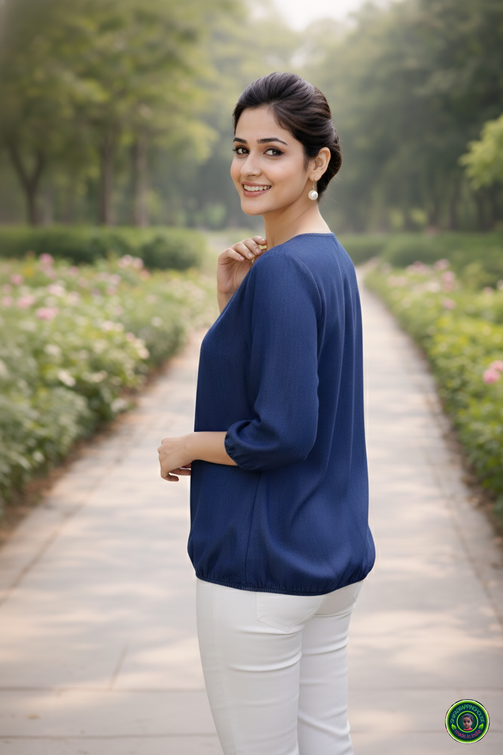 Exclusive Navy Blue Soft Denim Indo-Western Top – Elasticated Hem & 3/4 Sleeves with Round Neck