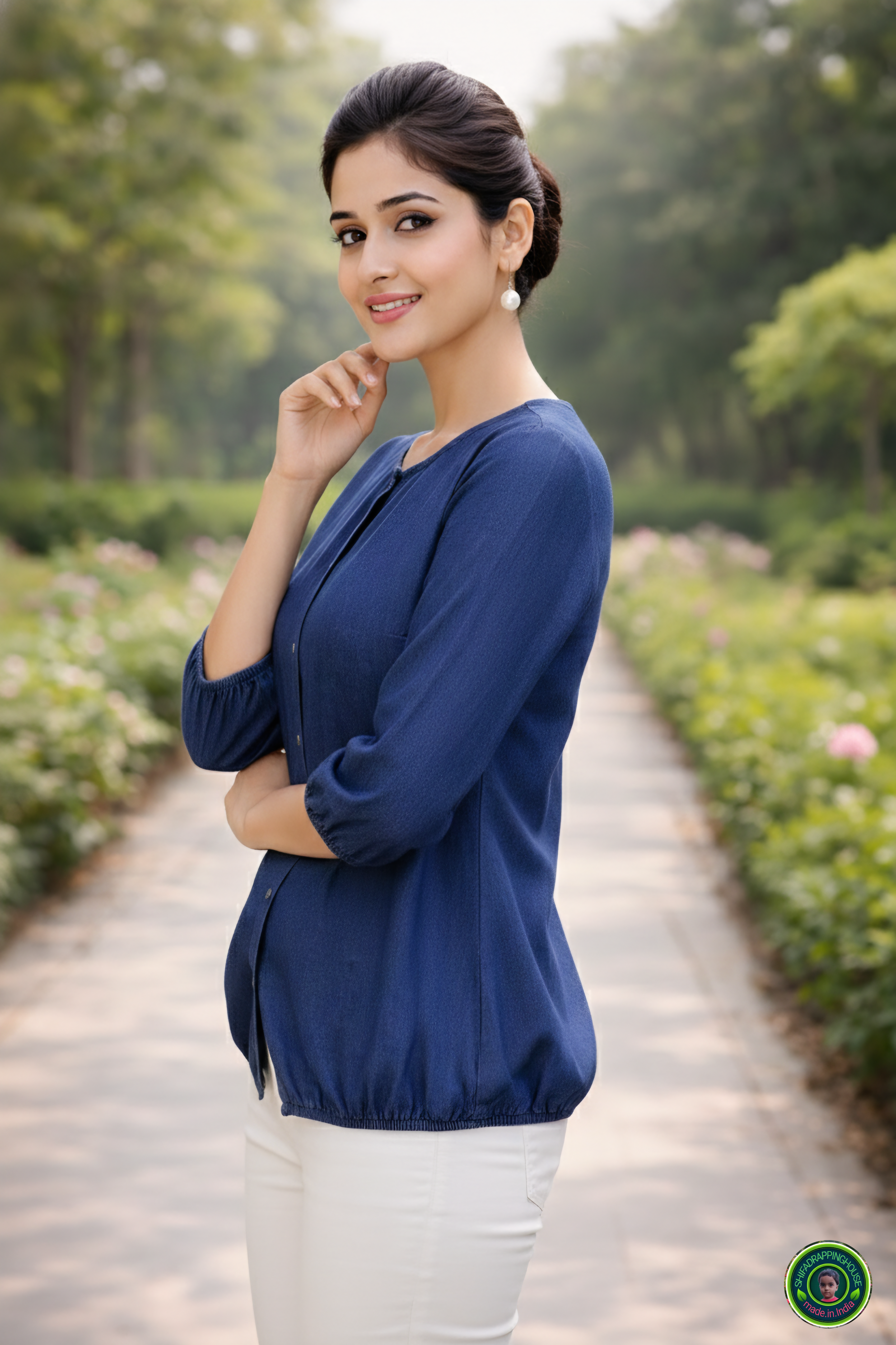 Exclusive Navy Blue Soft Denim Indo-Western Top – Elasticated Hem & 3/4 Sleeves with Round Neck