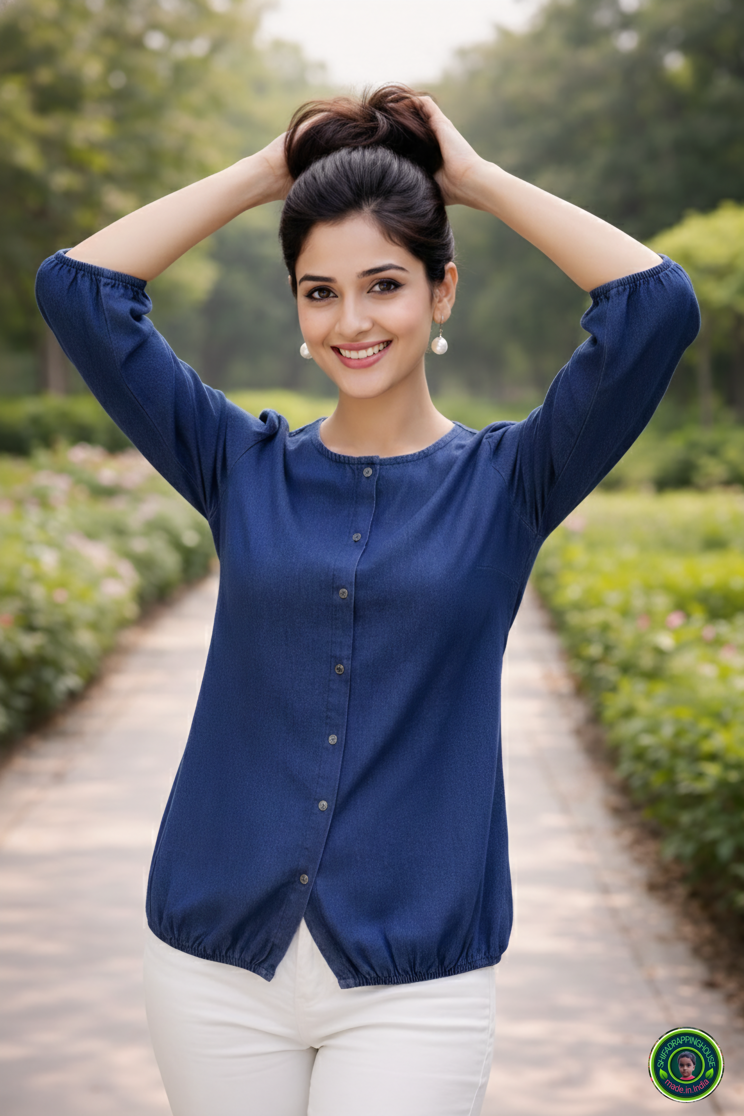 Exclusive Navy Blue Soft Denim Indo-Western Top – Elasticated Hem & 3/4 Sleeves with Round Neck