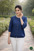 Exclusive Navy Blue Soft Denim Indo-Western Top – Elasticated Hem & 3/4 Sleeves with Round Neck