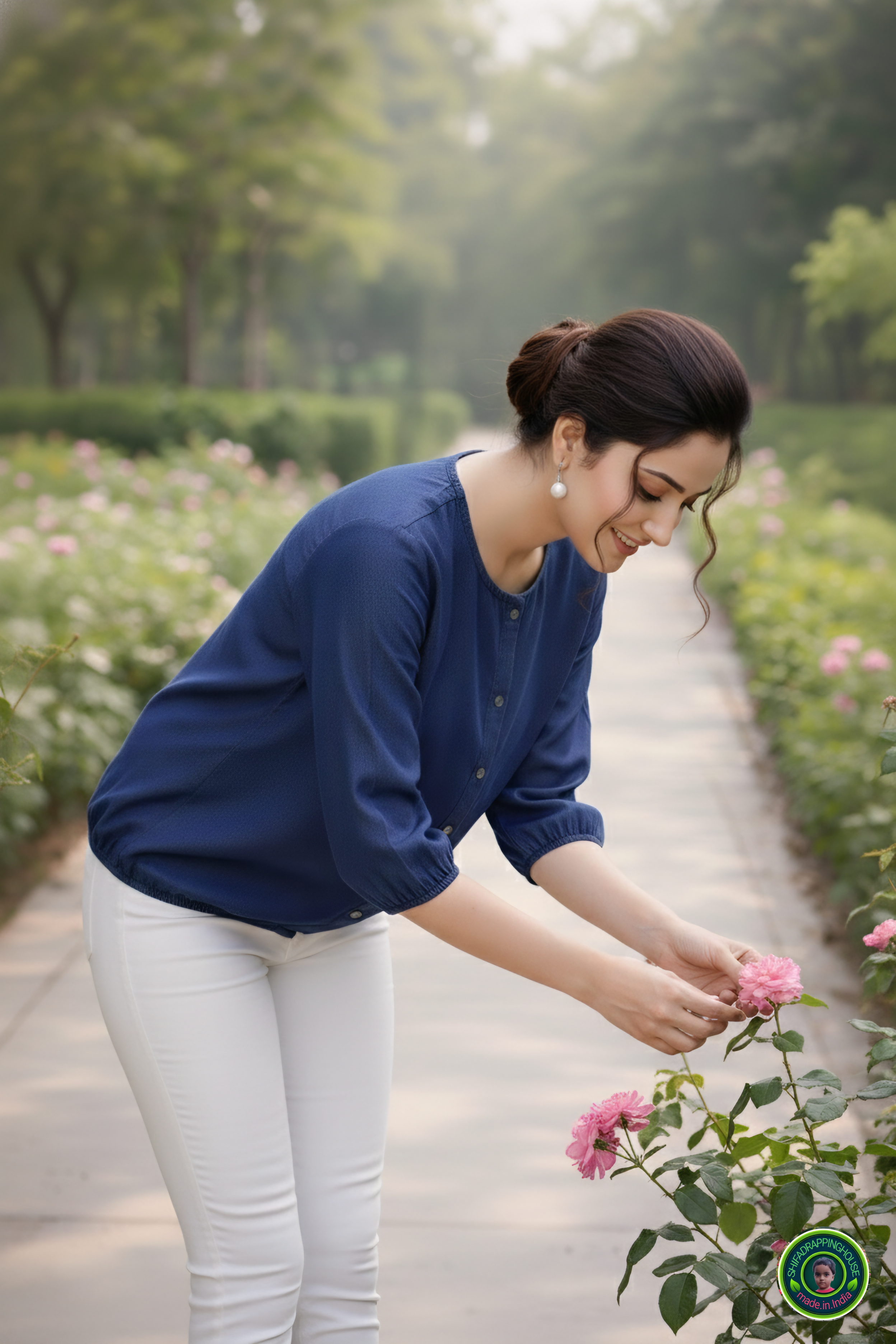 Exclusive Navy Blue Soft Denim Indo-Western Top – Elasticated Hem & 3/4 Sleeves with Round Neck