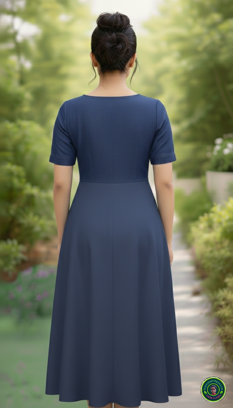 Premium Navy Blue Soft Denim Midi Dress – Indo-Western Royal Look with Side Pockets