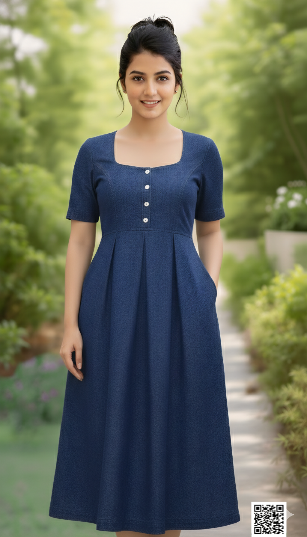 Premium Navy Blue Soft Denim Midi Dress – Indo-Western Royal Look with Side Pockets