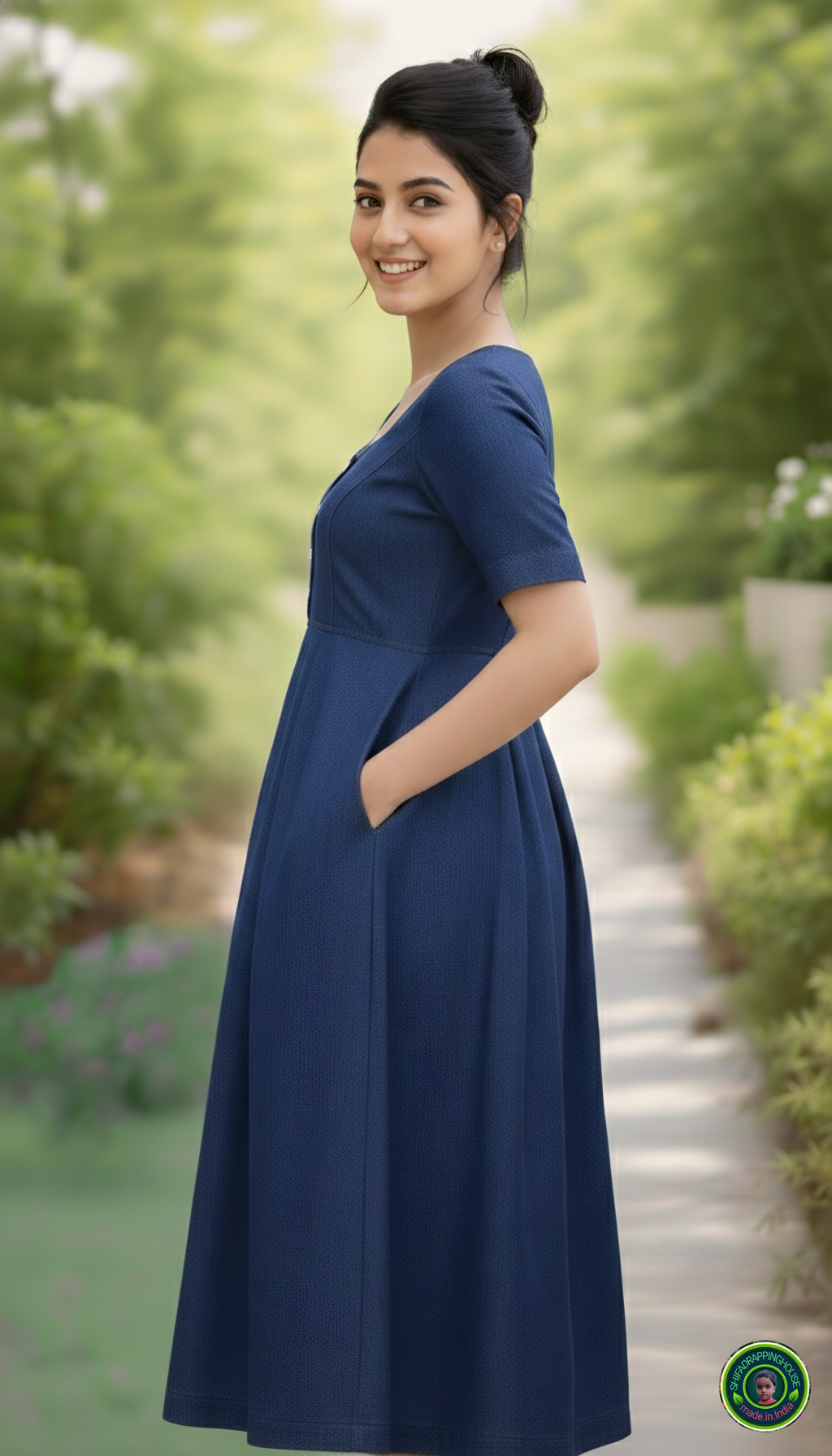 Premium Navy Blue Soft Denim Midi Dress – Indo-Western Royal Look with Side Pockets