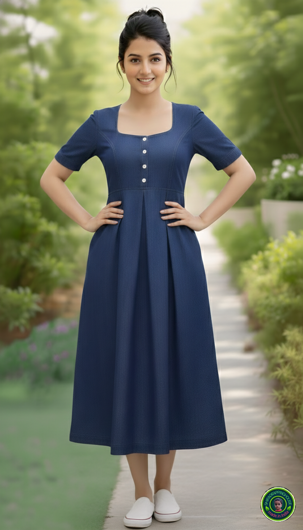 Premium Navy Blue Soft Denim Midi Dress – Indo-Western Royal Look with Side Pockets