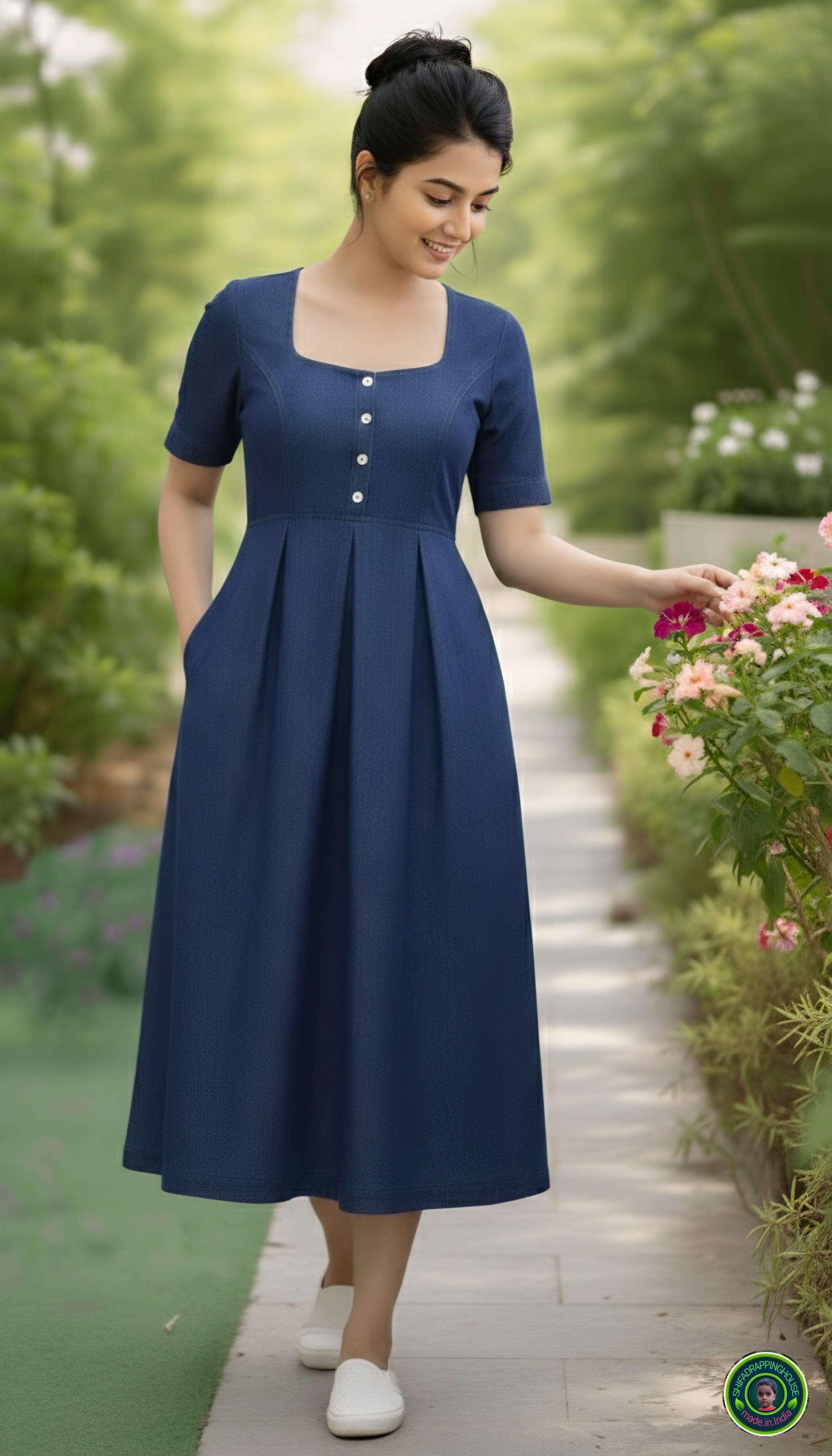 Premium Navy Blue Soft Denim Midi Dress – Indo-Western Royal Look with Side Pockets