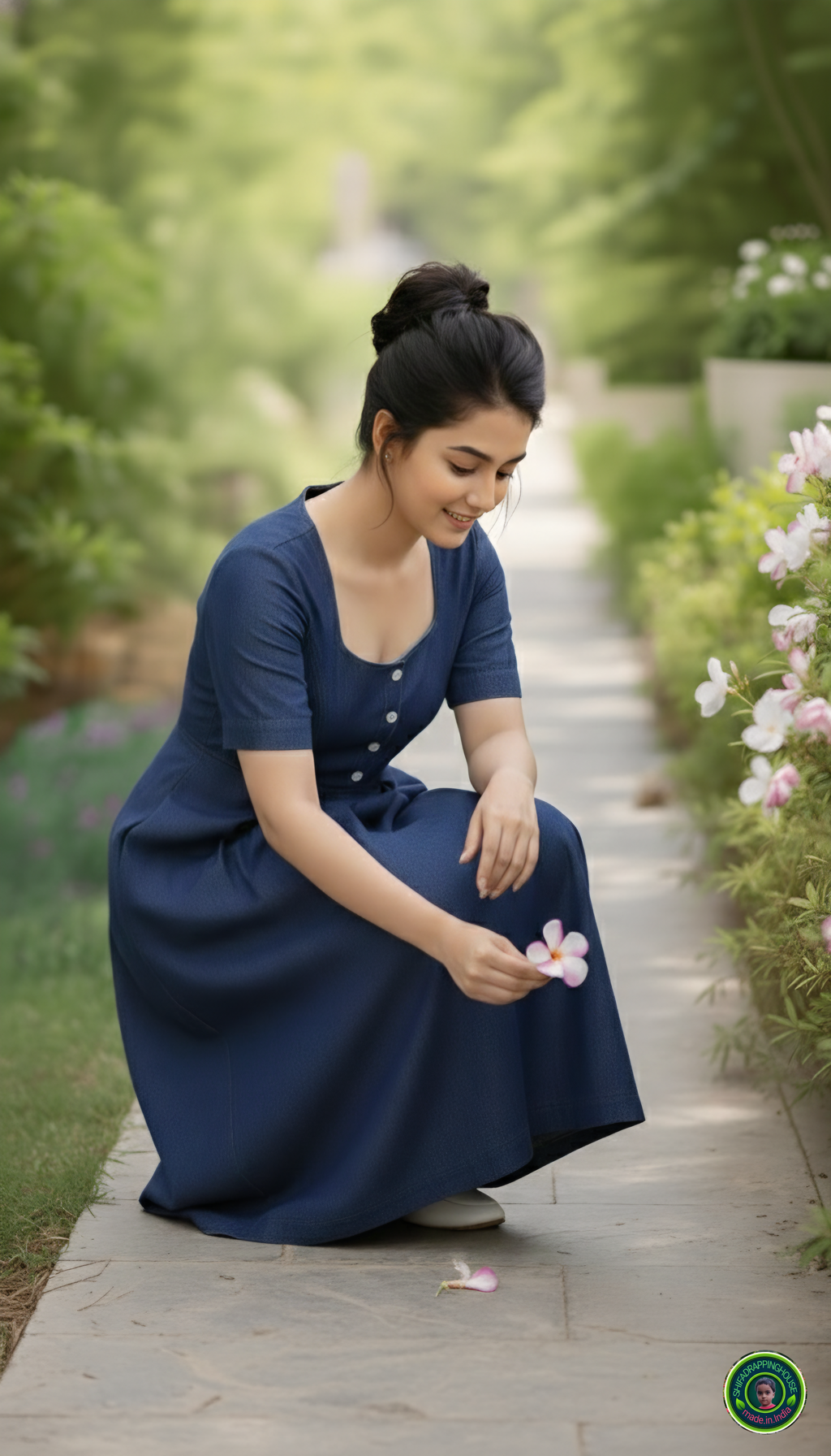 Premium Navy Blue Soft Denim Midi Dress – Indo-Western Royal Look with Side Pockets