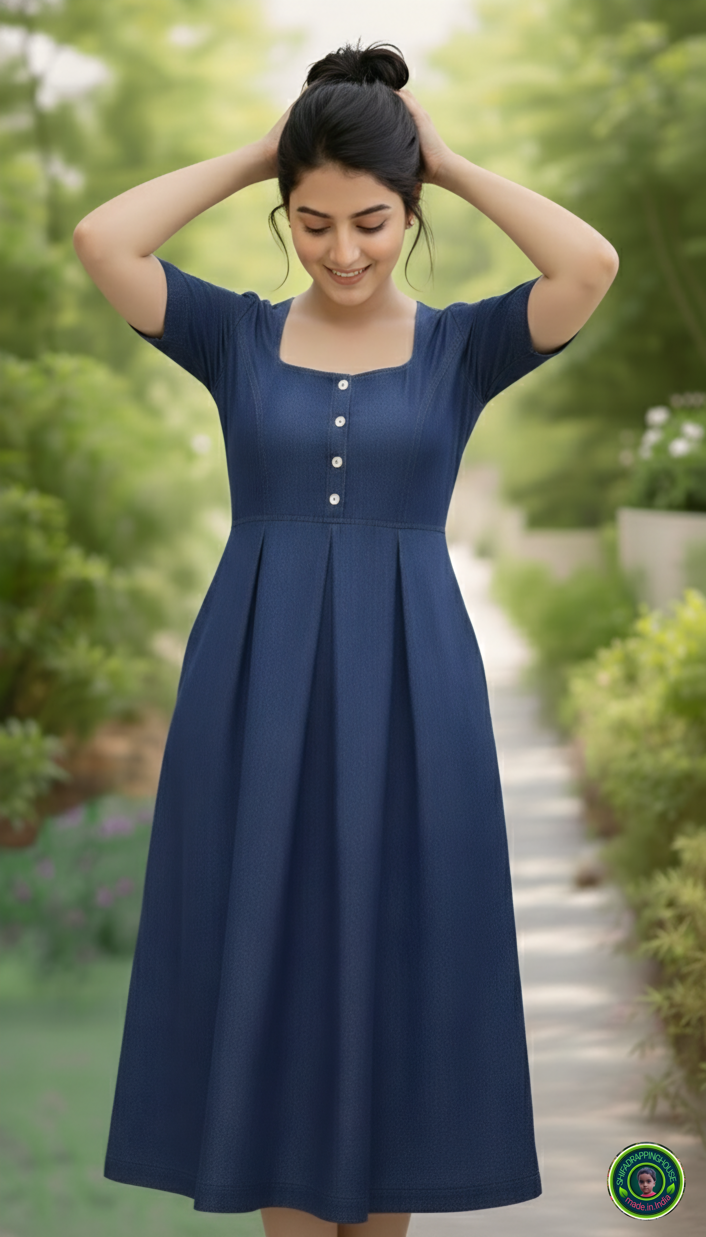 Premium Navy Blue Soft Denim Midi Dress – Indo-Western Royal Look with Side Pockets