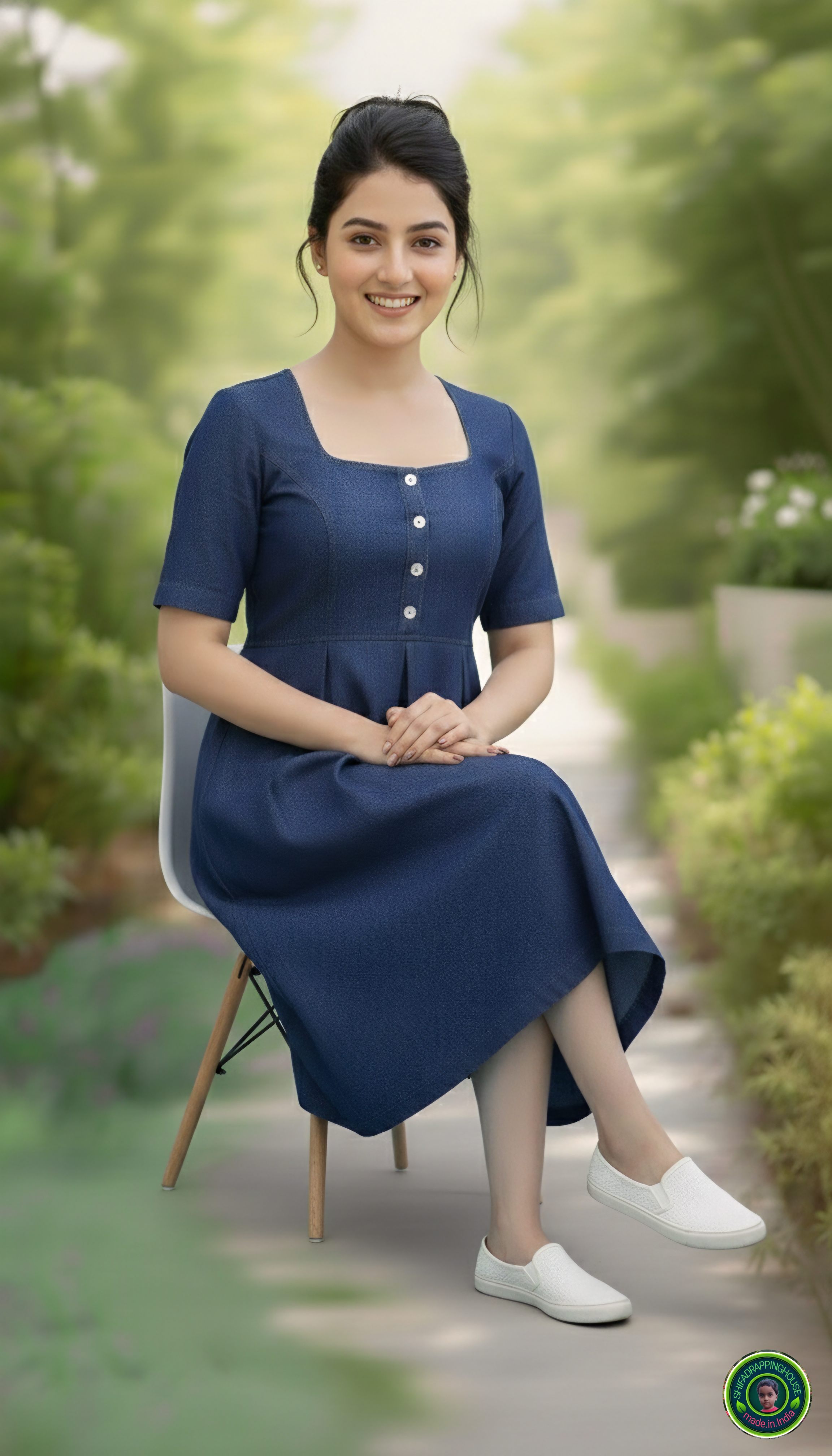 Premium Navy Blue Soft Denim Midi Dress – Indo-Western Royal Look with Side Pockets