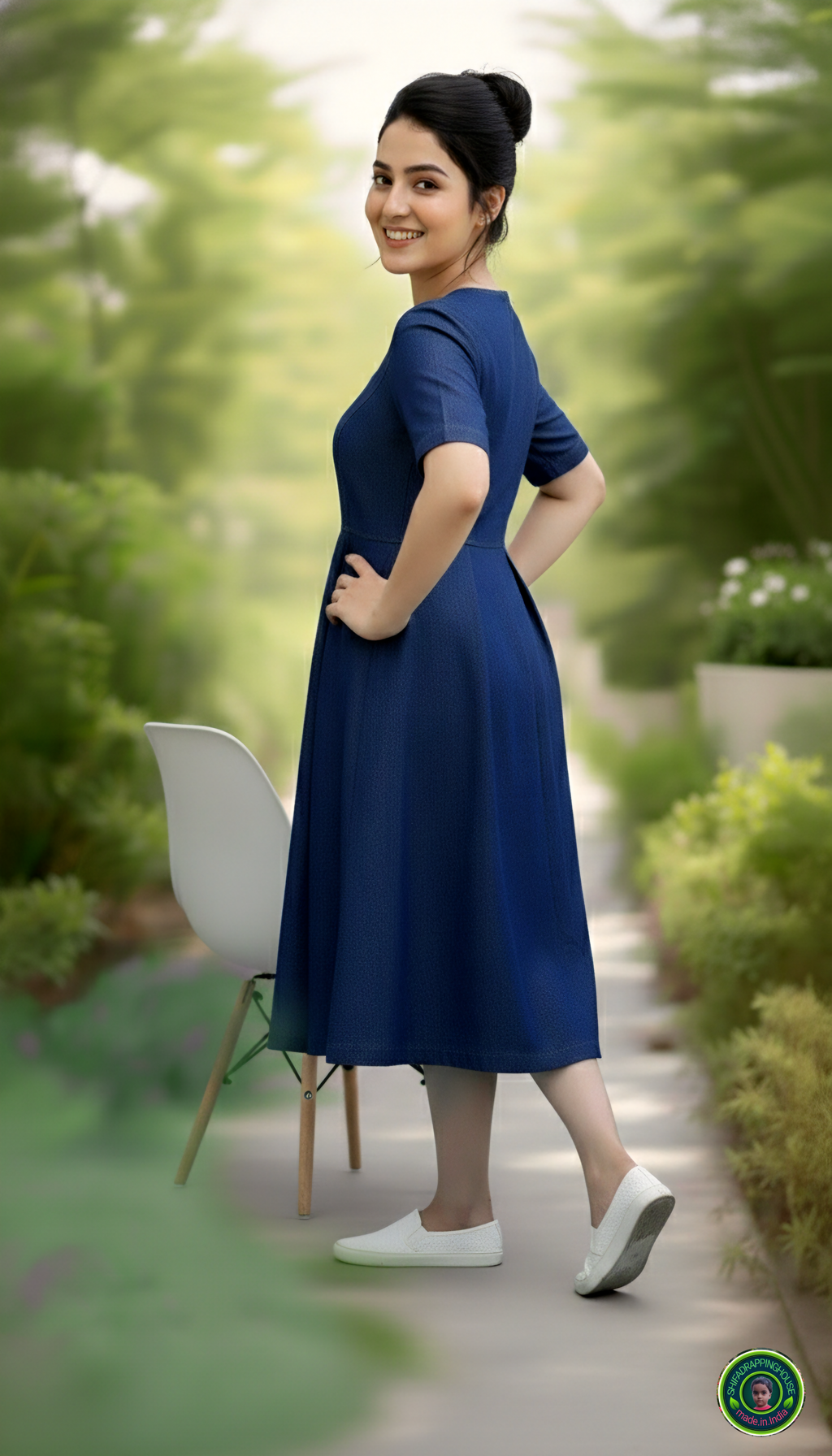 Premium Navy Blue Soft Denim Midi Dress – Indo-Western Royal Look with Side Pockets