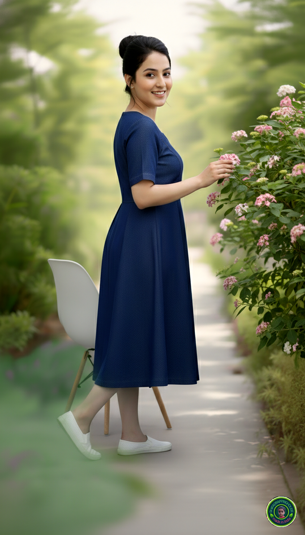 Premium Navy Blue Soft Denim Midi Dress – Indo-Western Royal Look with Side Pockets