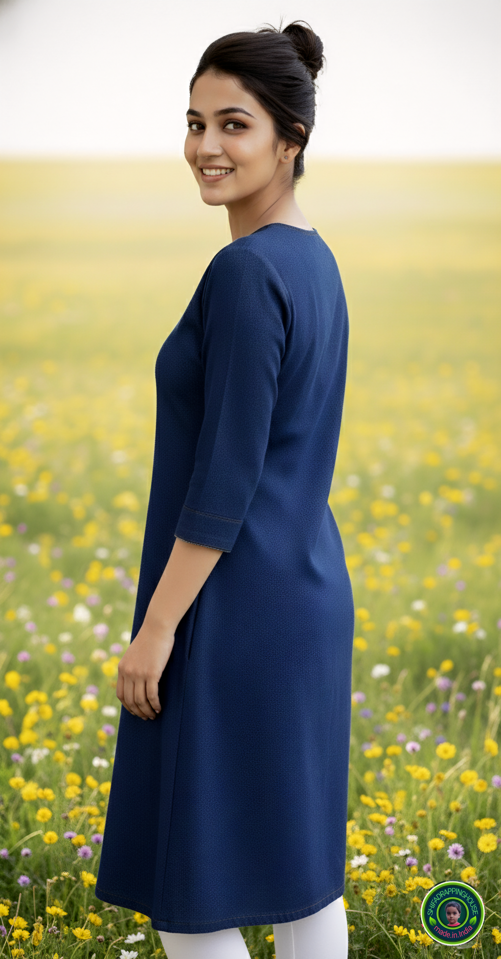 Shifa Drapping House | Elegant Navy Blue Denim A-Line Kurta – Summer Chic with Wooden Buttons & Dual Pockets