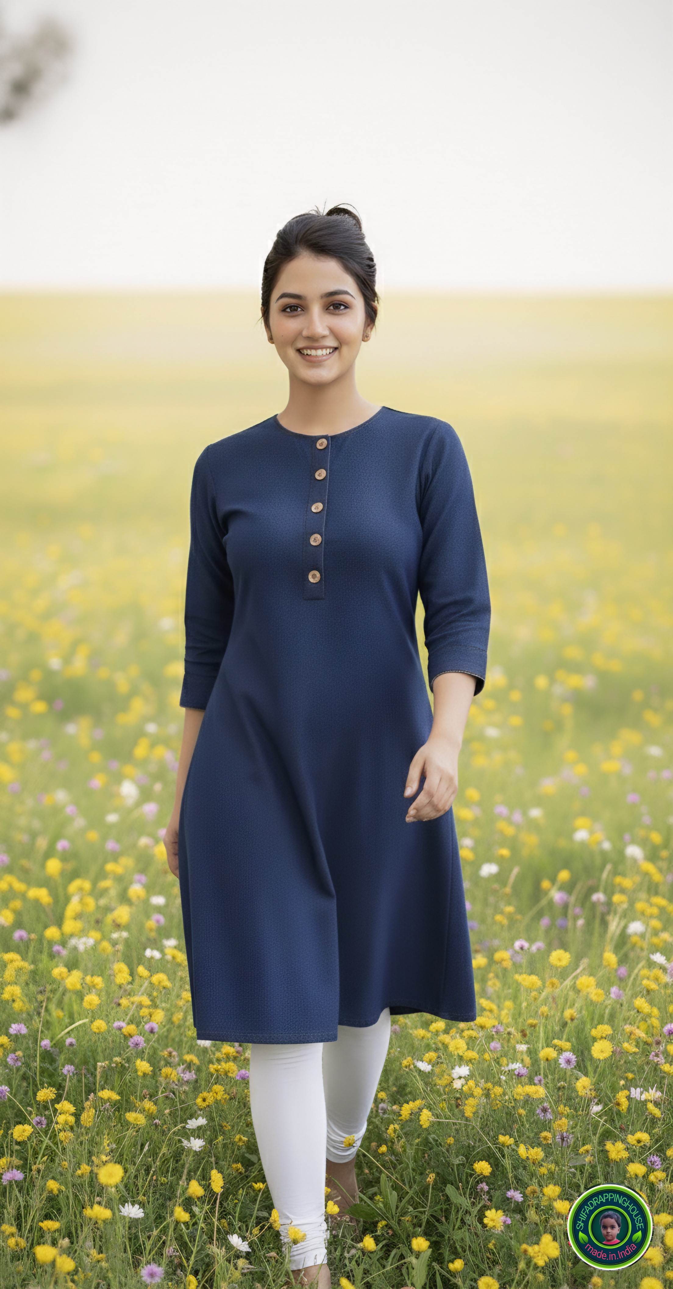 Shifa Drapping House | Elegant Navy Blue Denim A-Line Kurta – Summer Chic with Wooden Buttons & Dual Pockets