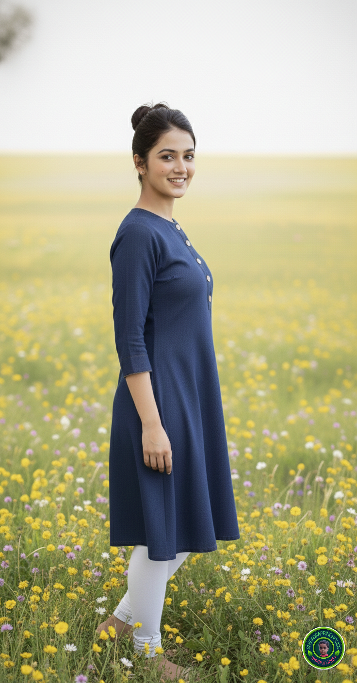 Shifa Drapping House | Elegant Navy Blue Denim A-Line Kurta – Summer Chic with Wooden Buttons & Dual Pockets