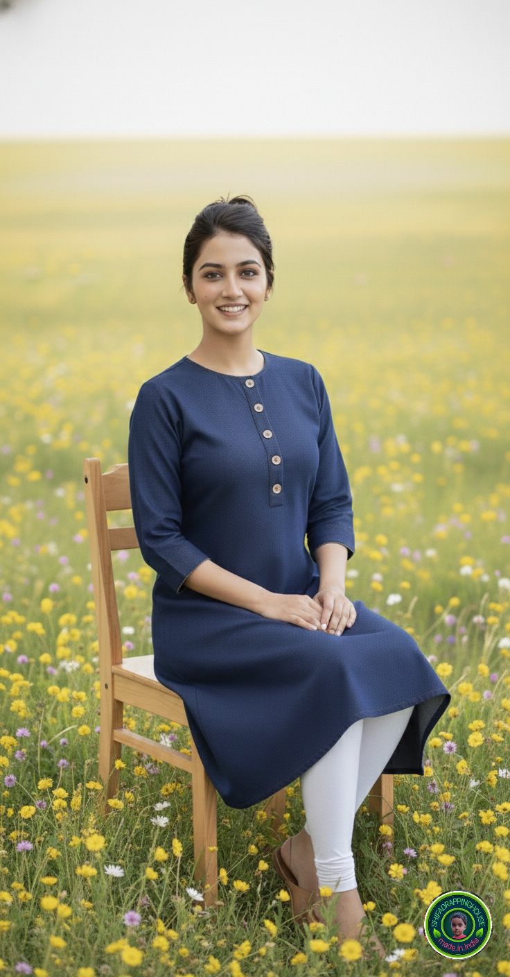 Shifa Drapping House | Elegant Navy Blue Denim A-Line Kurta – Summer Chic with Wooden Buttons & Dual Pockets