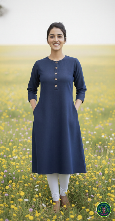 Shifa Drapping House | Elegant Navy Blue Denim A-Line Kurta – Summer Chic with Wooden Buttons & Dual Pockets