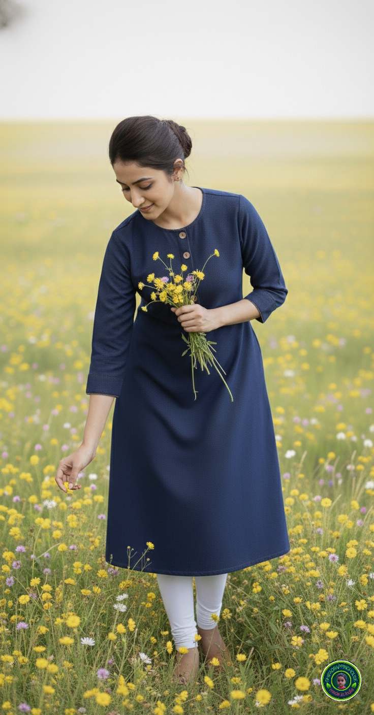 Shifa Drapping House | Elegant Navy Blue Denim A-Line Kurta – Summer Chic with Wooden Buttons & Dual Pockets