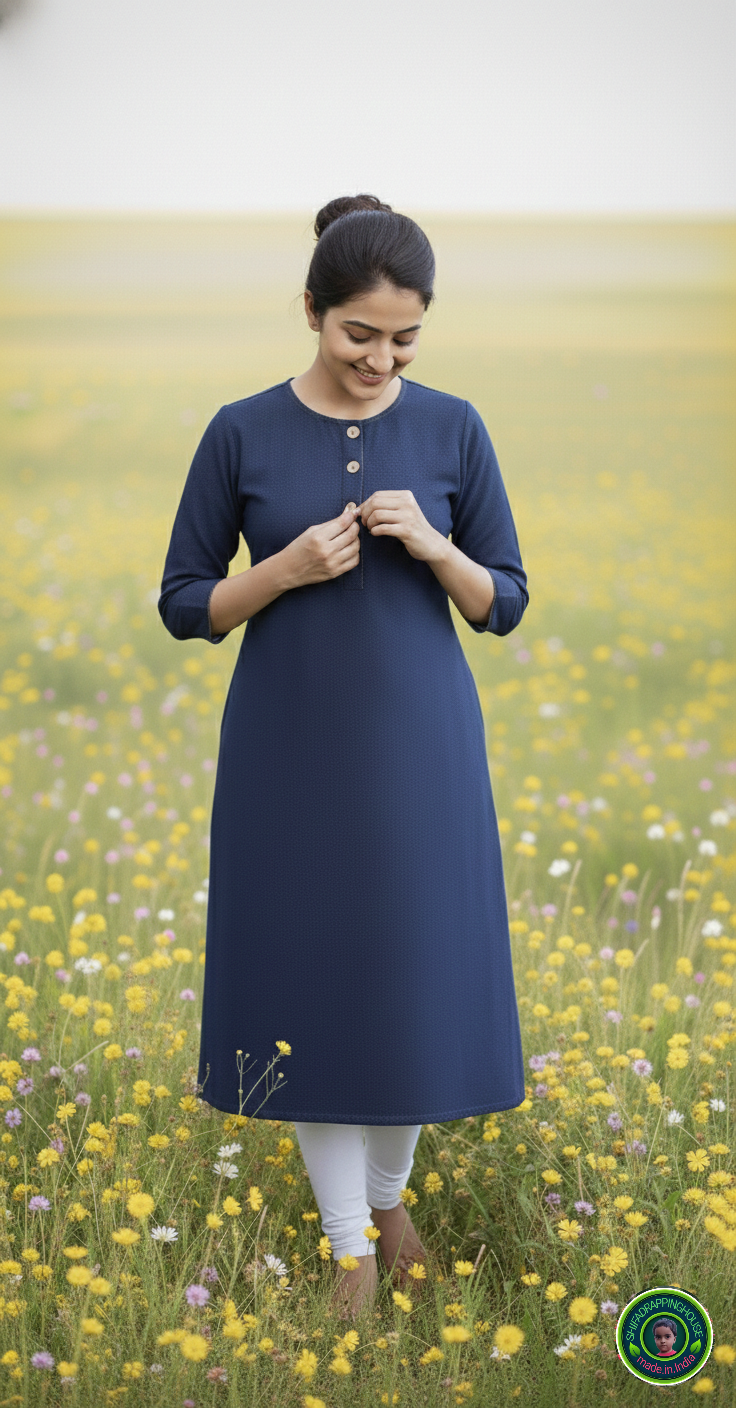 Shifa Drapping House | Elegant Navy Blue Denim A-Line Kurta – Summer Chic with Wooden Buttons & Dual Pockets