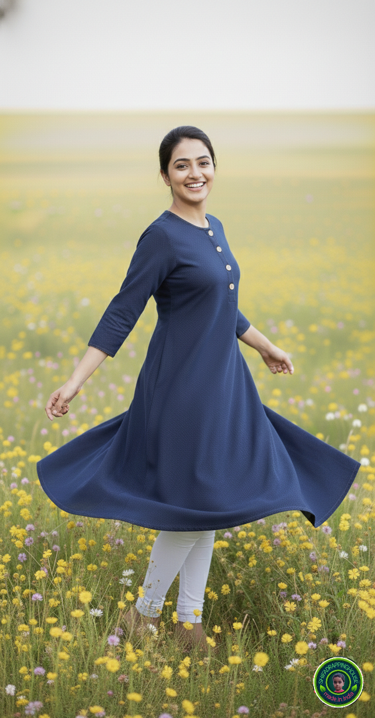Shifa Drapping House | Elegant Navy Blue Denim A-Line Kurta – Summer Chic with Wooden Buttons & Dual Pockets
