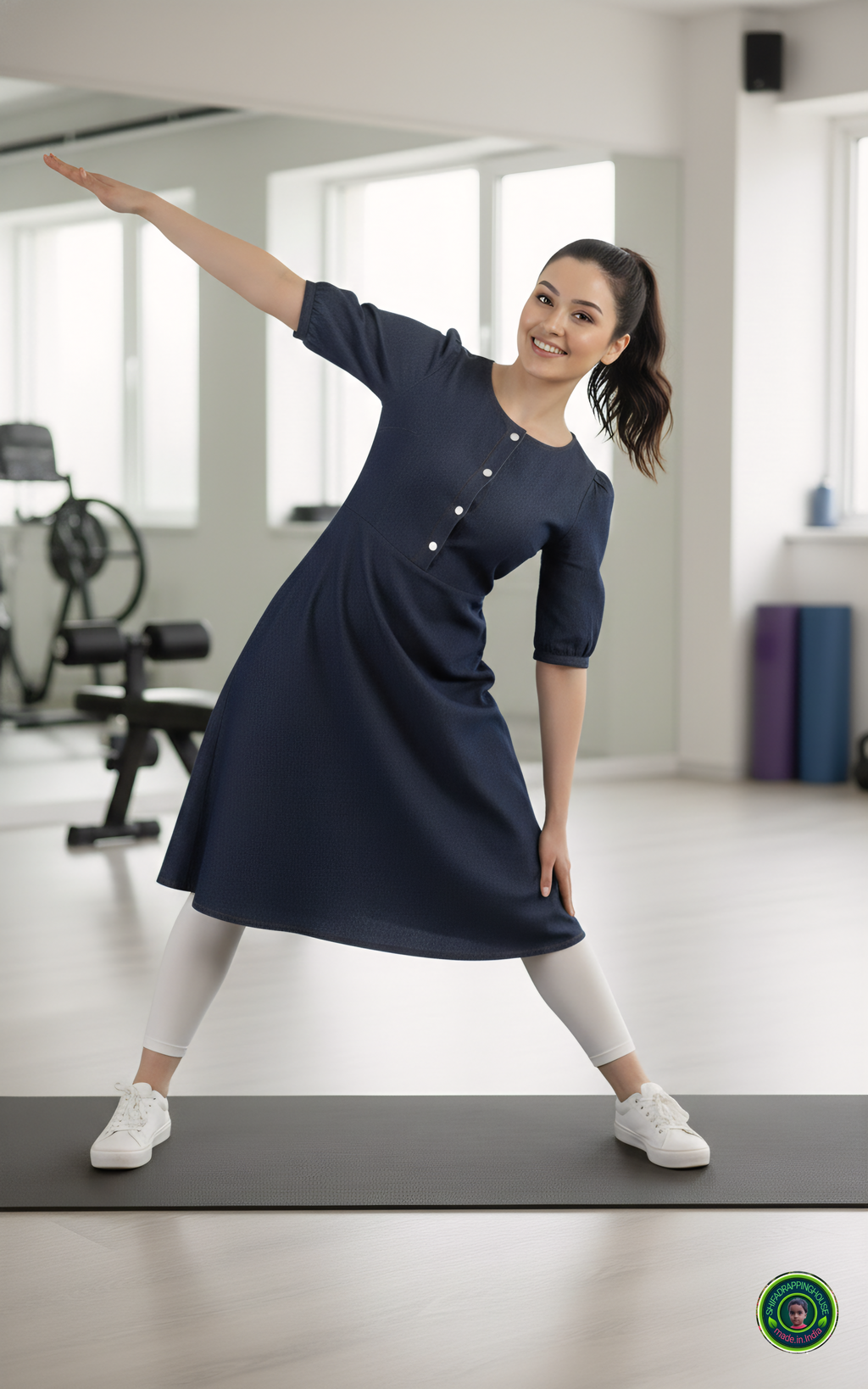 Luxury Dark Navy Denim Dress with Elbow Sleeves & Gathered Detailing