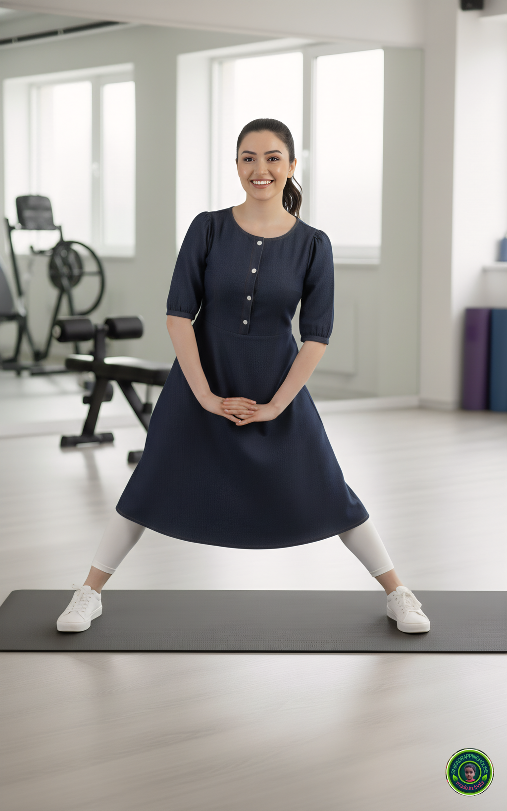 Luxury Dark Navy Denim Dress with Elbow Sleeves & Gathered Detailing