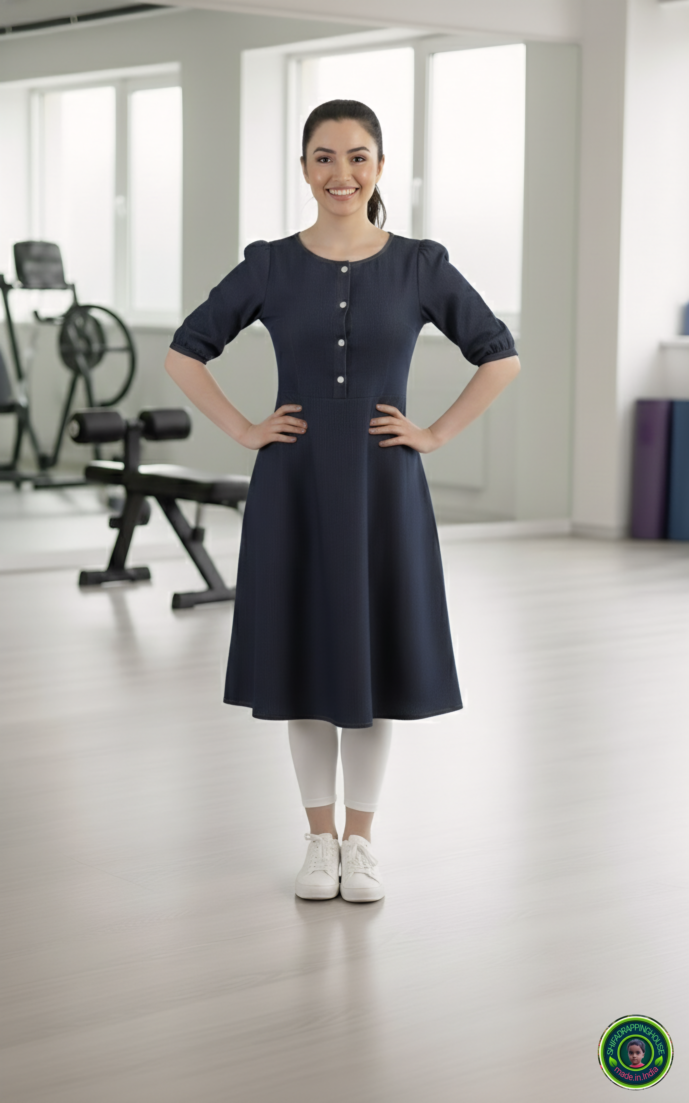 Luxury Dark Navy Denim Dress with Elbow Sleeves & Gathered Detailing