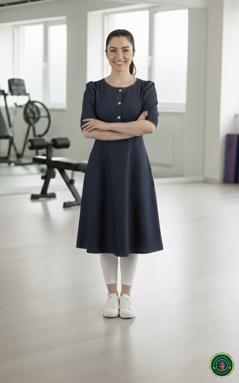 Luxury Dark Navy Denim Dress with Elbow Sleeves & Gathered Detailing