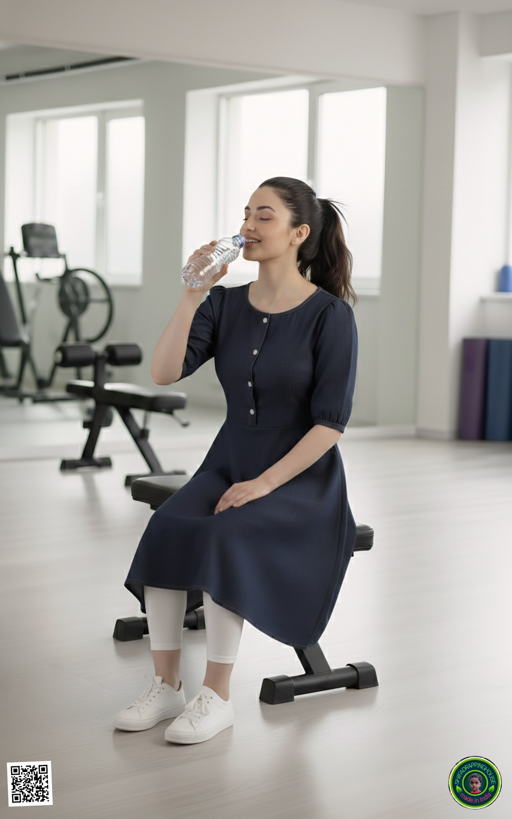 Luxury Dark Navy Denim Dress with Elbow Sleeves & Gathered Detailing