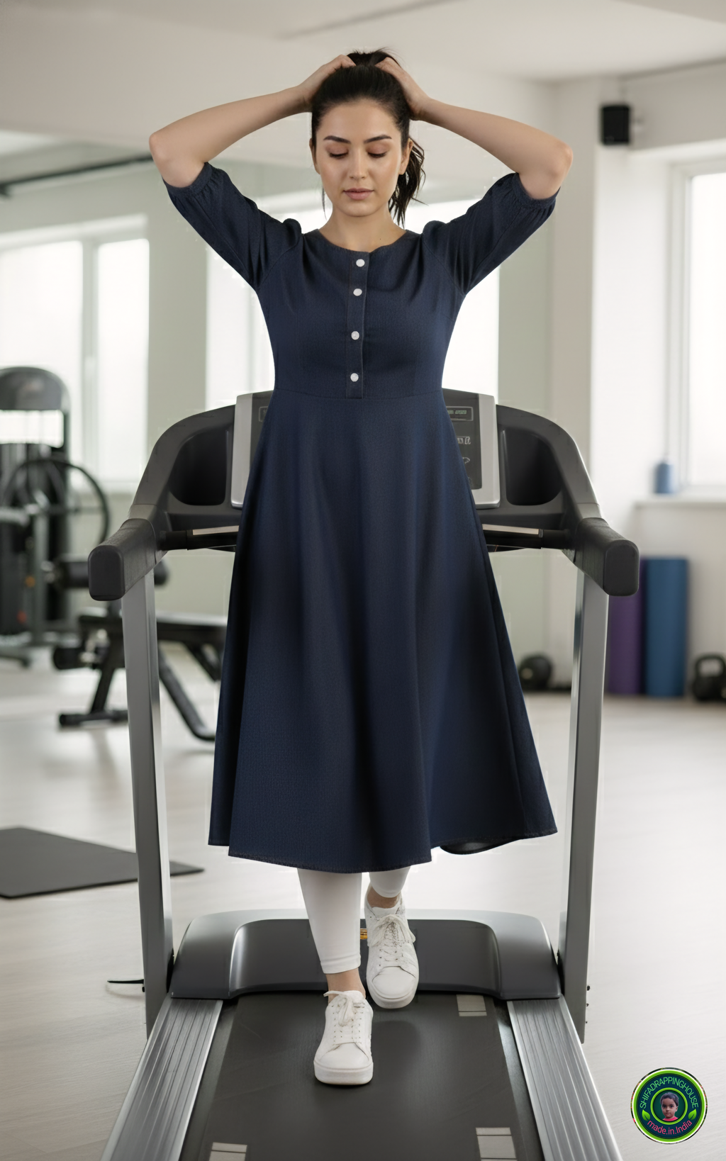 Luxury Dark Navy Denim Dress with Elbow Sleeves & Gathered Detailing