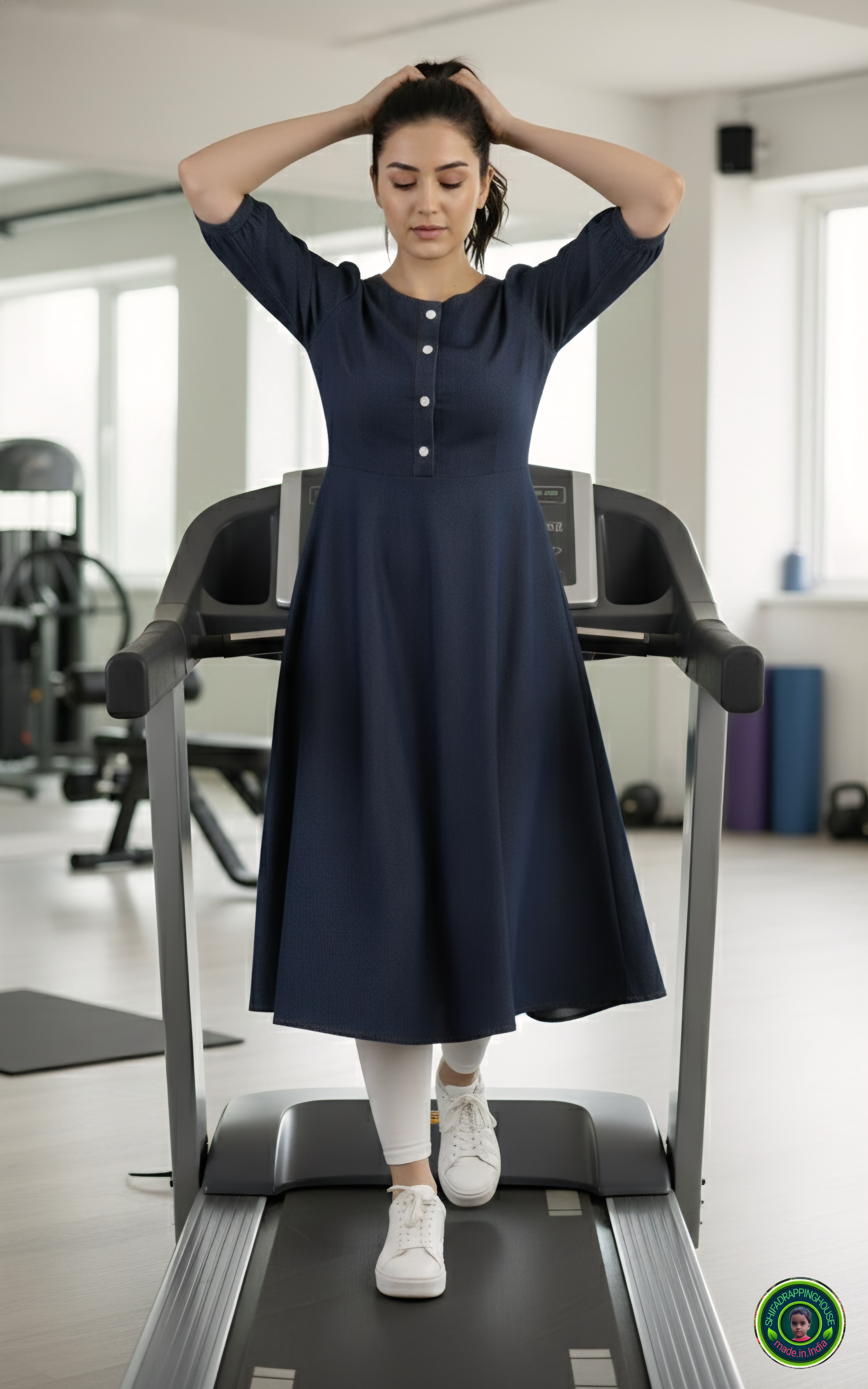 Luxury Dark Navy Denim Dress with Elbow Sleeves & Gathered Detailing