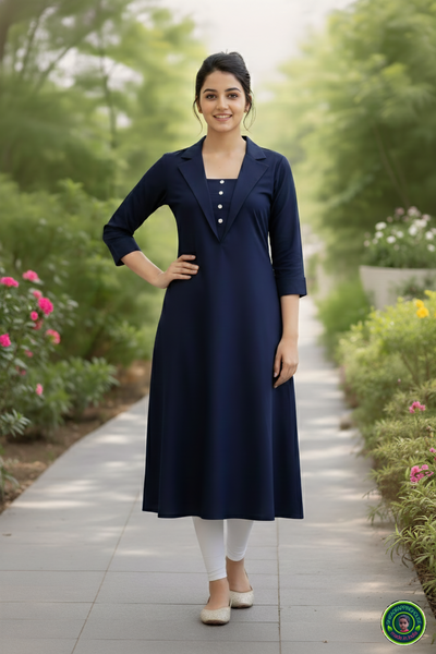 Shifa Drapping House | Luxury Navy Blue Denim A-Line Kurta – Jacket Style Collar & 3/4 Cuffed Sleeves