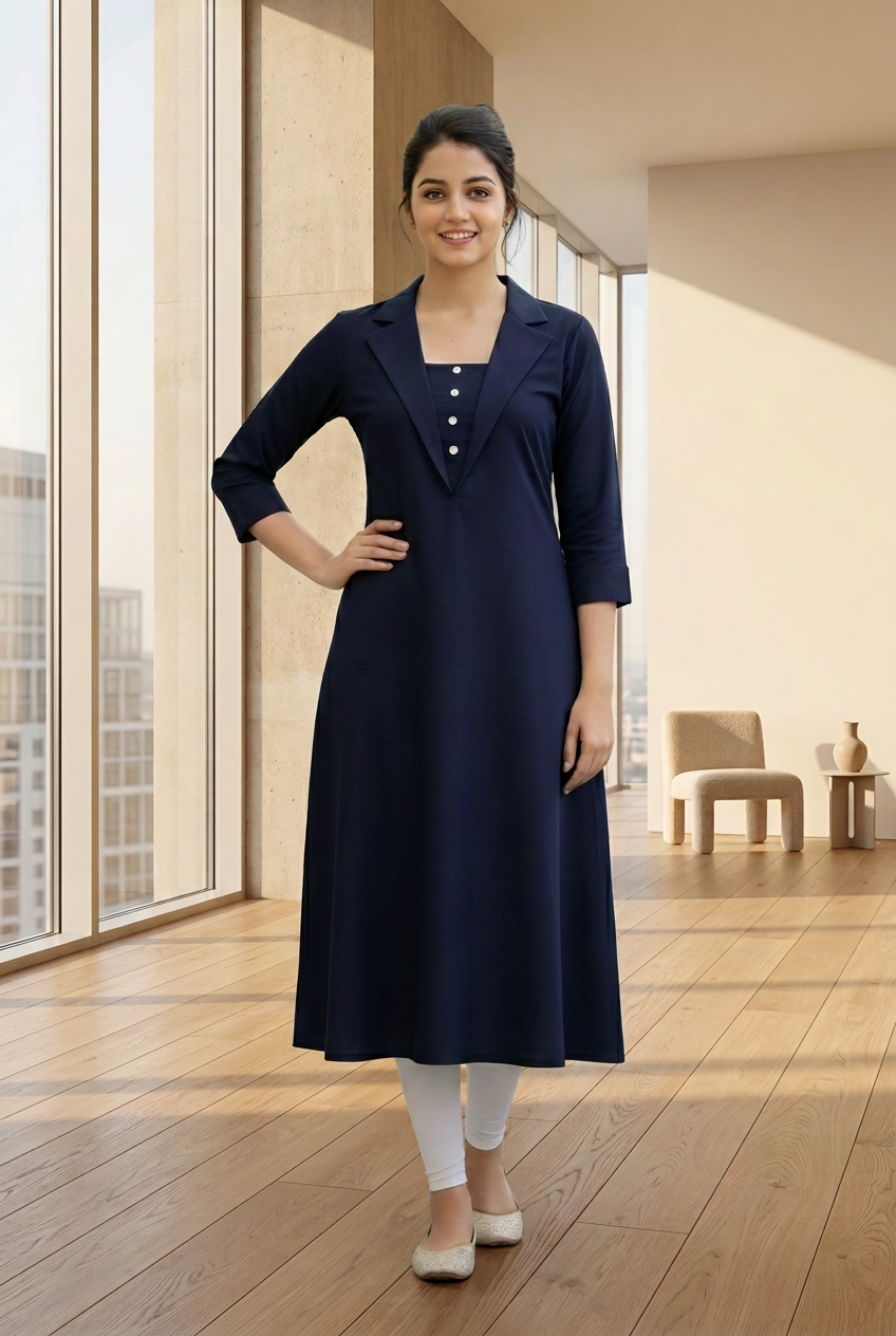 Woman in a navy blue dress standing on a garden path with greenery and flowers.