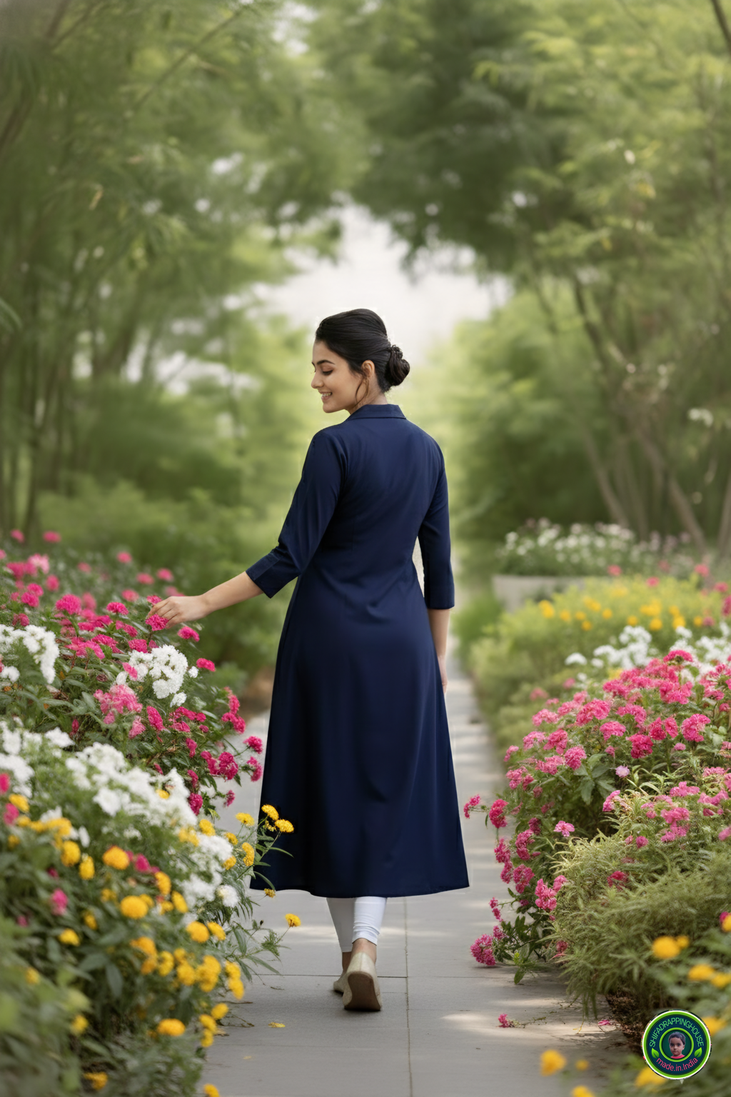 Shifa Drapping House | Luxury Navy Blue Denim A-Line Kurta – Jacket Style Collar & 3/4 Cuffed Sleeves