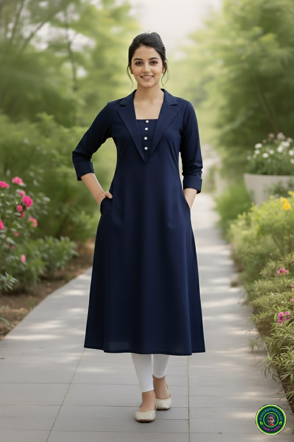 Shifa Drapping House | Luxury Navy Blue Denim A-Line Kurta – Jacket Style Collar & 3/4 Cuffed Sleeves