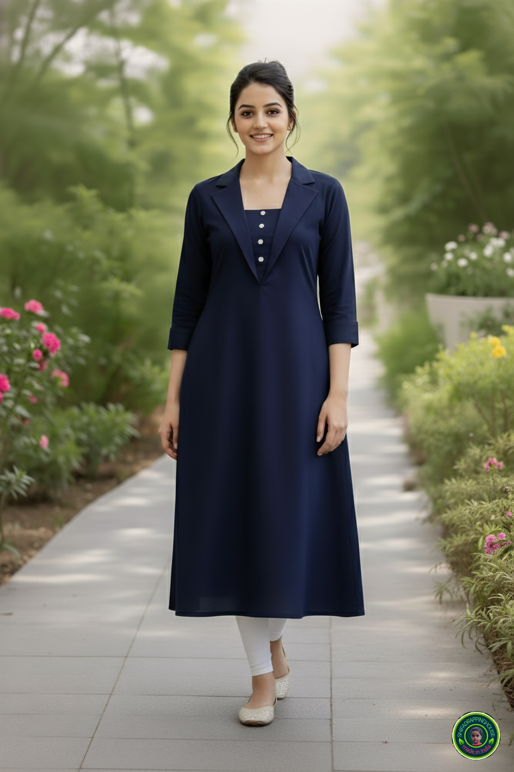 Shifa Drapping House | Luxury Navy Blue Denim A-Line Kurta – Jacket Style Collar & 3/4 Cuffed Sleeves