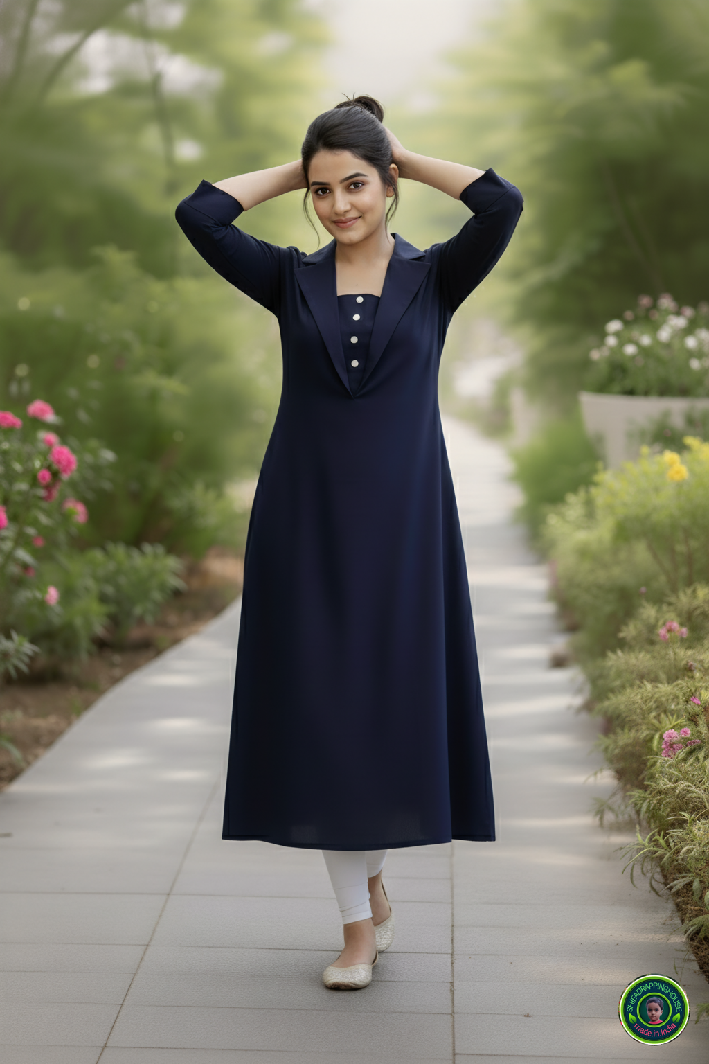 Shifa Drapping House | Luxury Navy Blue Denim A-Line Kurta – Jacket Style Collar & 3/4 Cuffed Sleeves