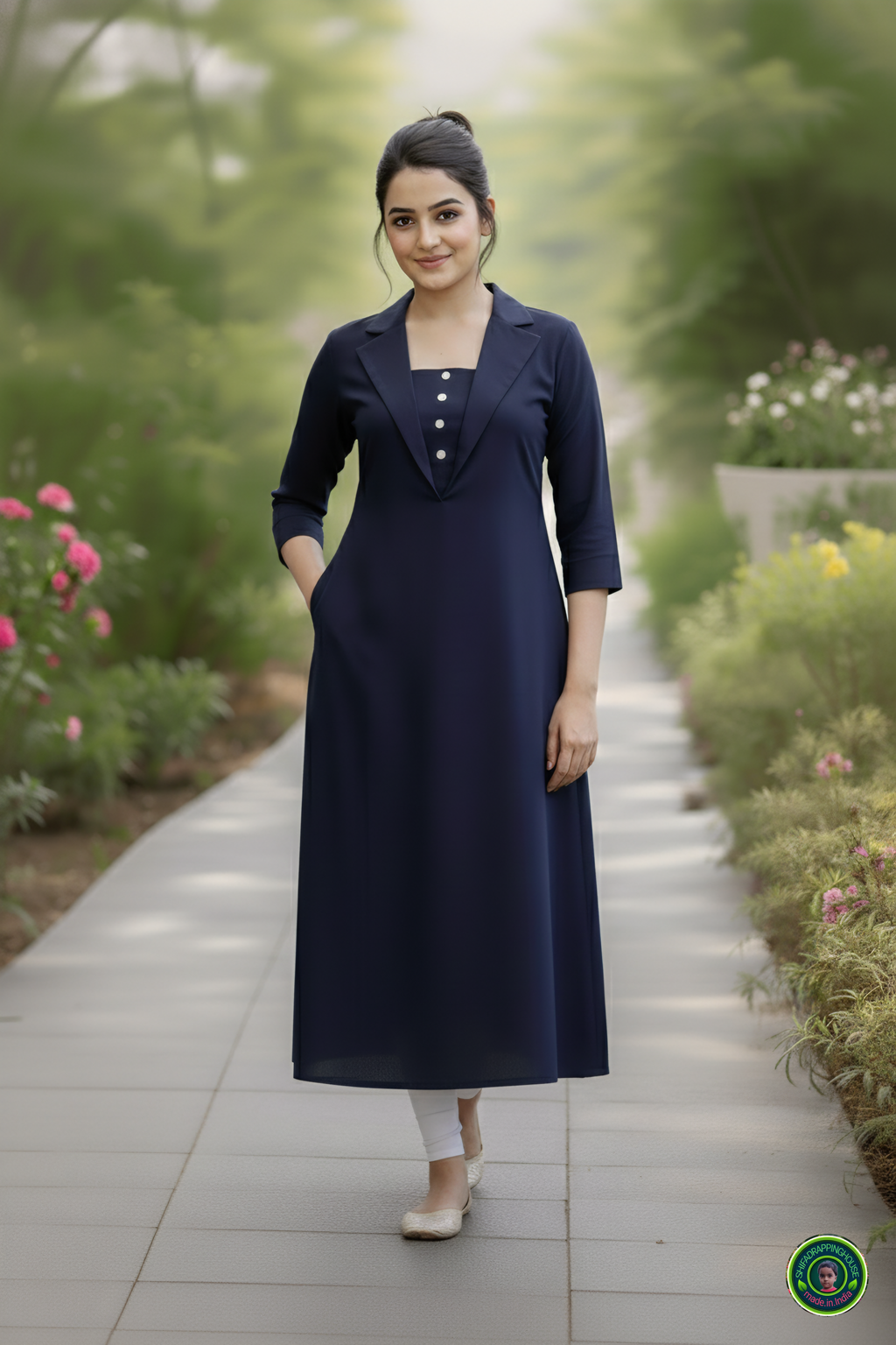 Shifa Drapping House | Luxury Navy Blue Denim A-Line Kurta – Jacket Style Collar & 3/4 Cuffed Sleeves