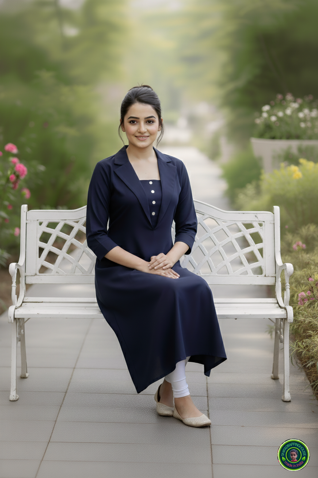 Shifa Drapping House | Luxury Navy Blue Denim A-Line Kurta – Jacket Style Collar & 3/4 Cuffed Sleeves