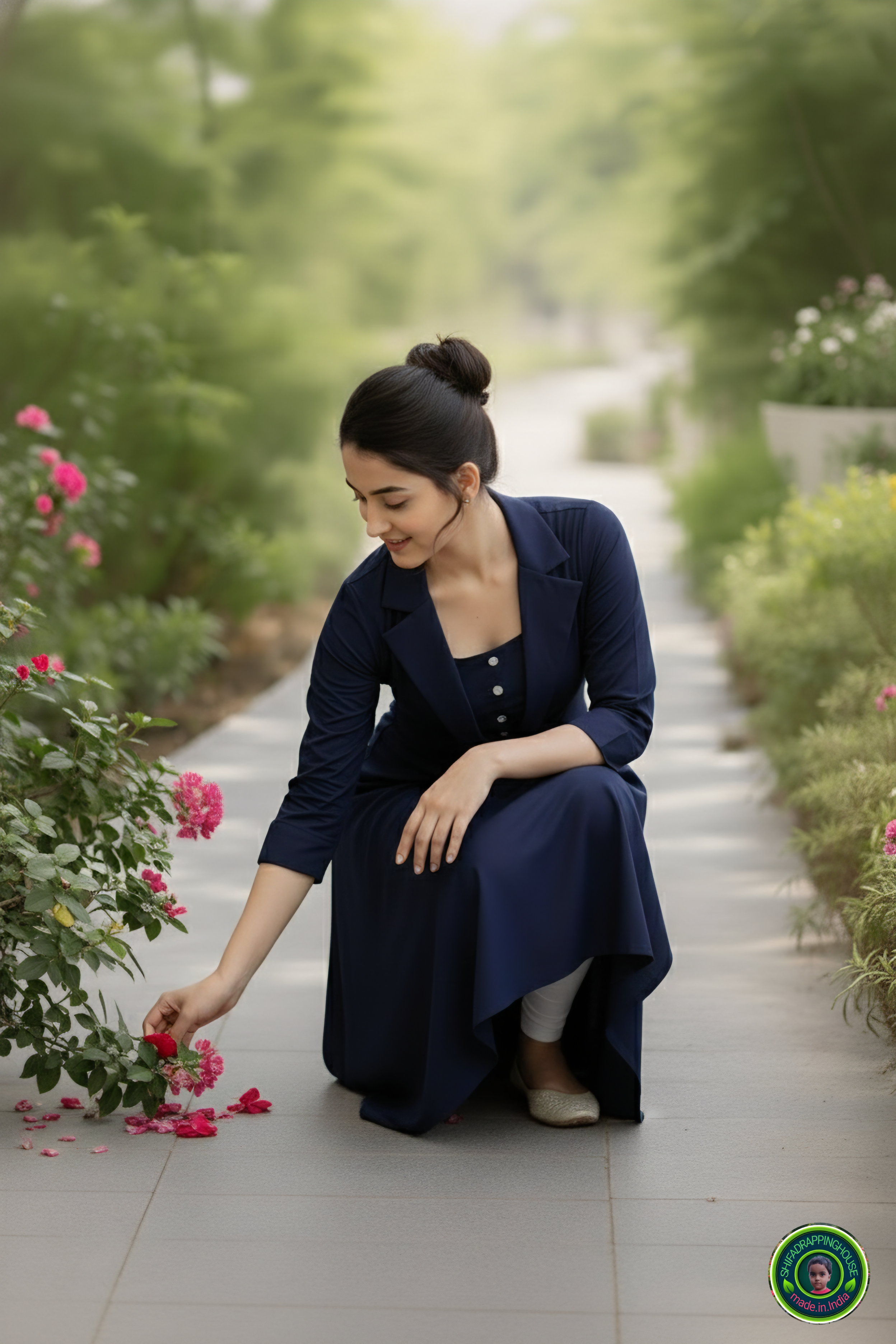 Shifa Drapping House | Luxury Navy Blue Denim A-Line Kurta – Jacket Style Collar & 3/4 Cuffed Sleeves