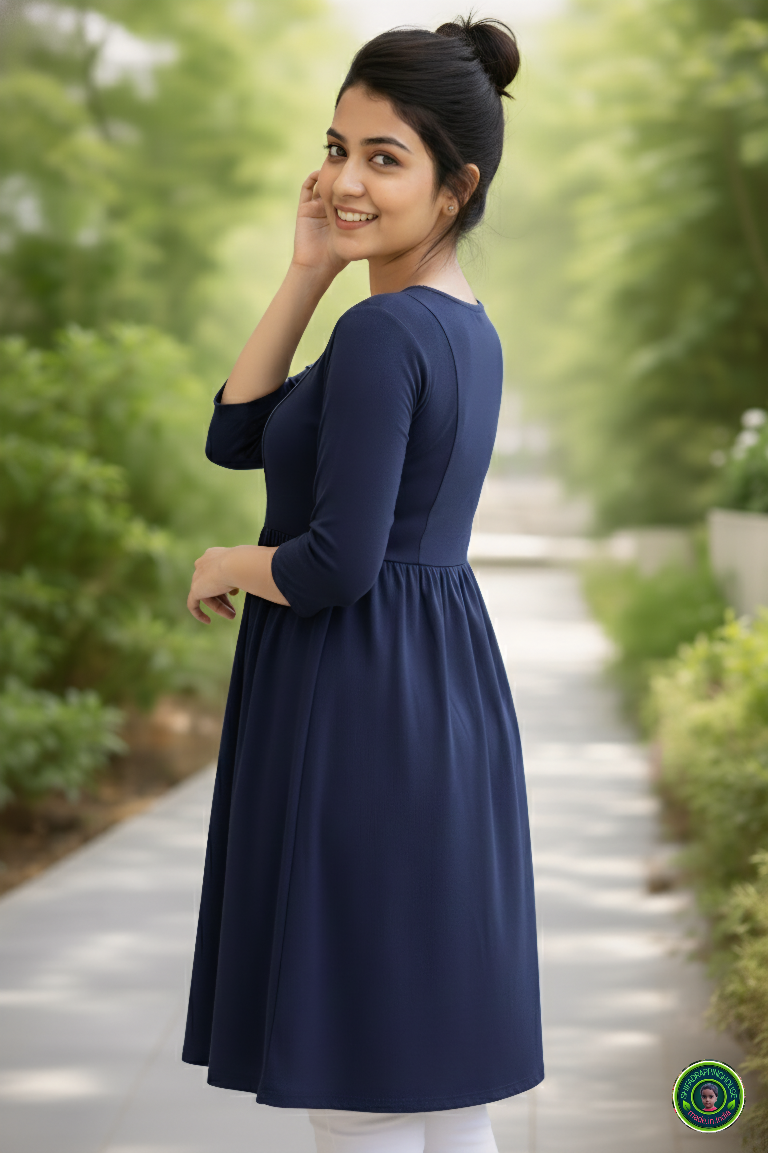 Trendy Navy Denim Midi – Elegant Gathers & Princess Fit for Daily Luxury