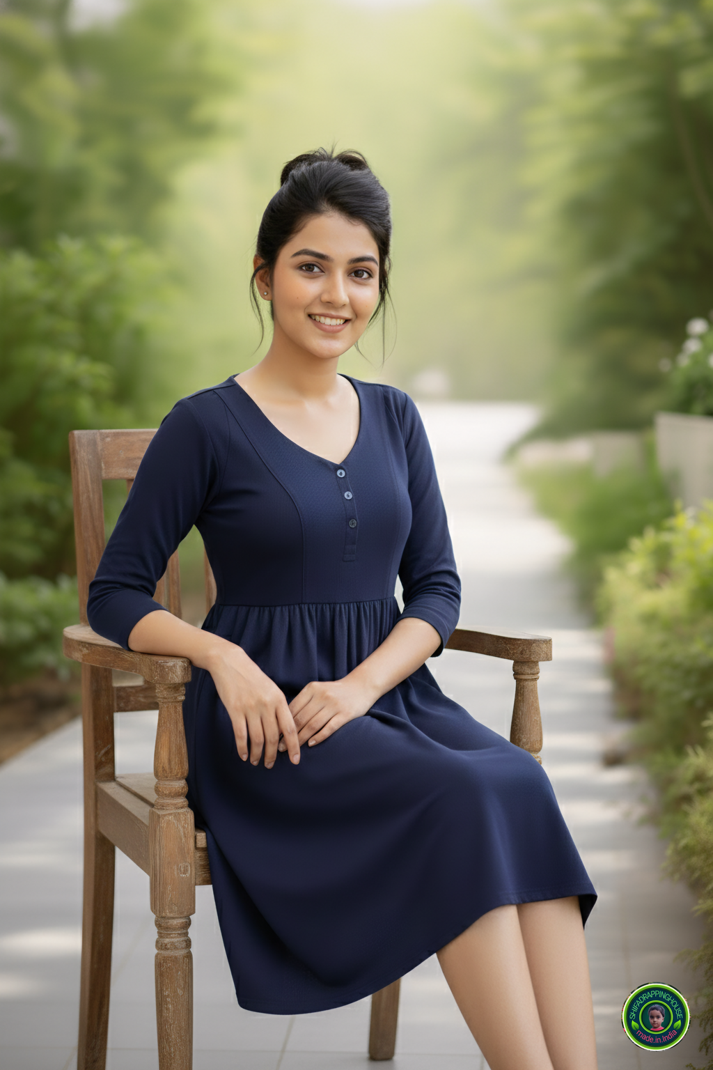Trendy Navy Denim Midi – Elegant Gathers & Princess Fit for Daily Luxury